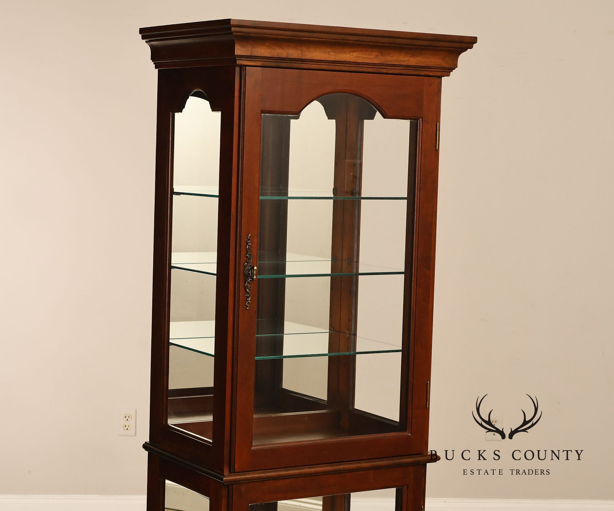 Narrow Cherry Lighted Curio Display Cabinet With Glass Shelves