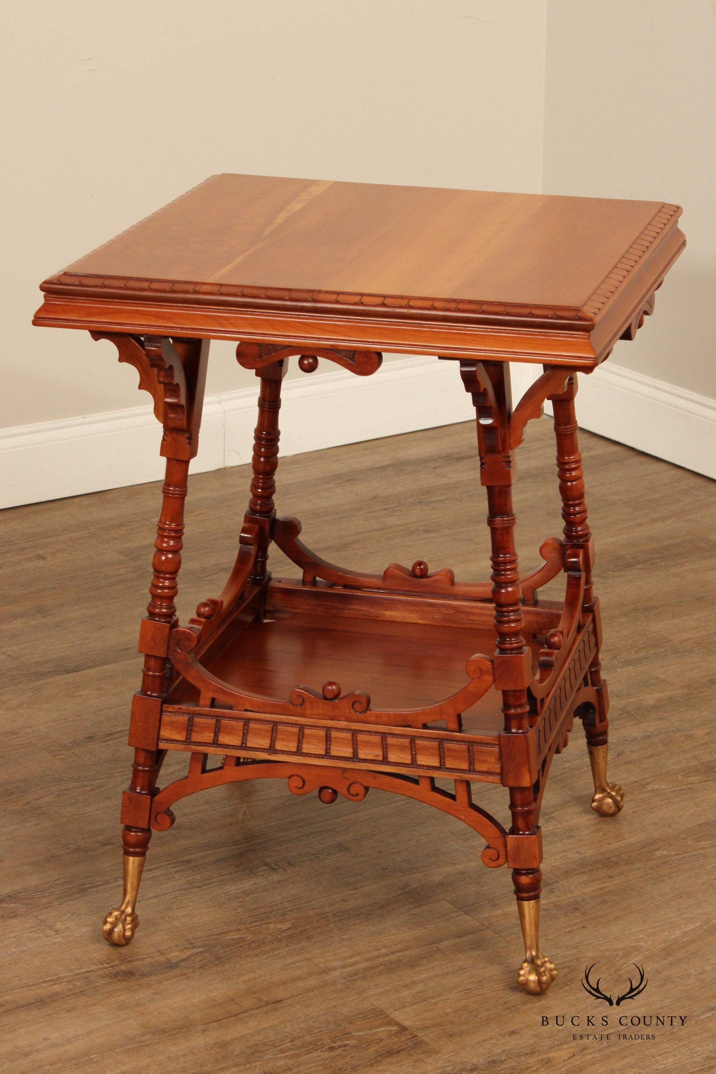 Antique Victorian Carved Cherry Two-Tier Lamp Table