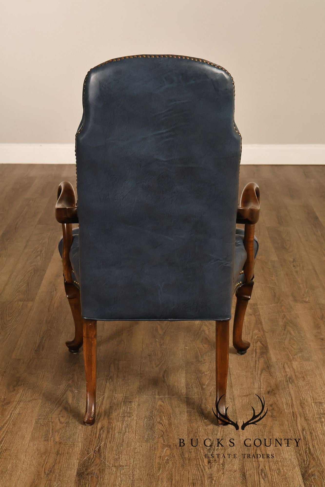 Ethan Allen Queen Anne Style Pair of Tufted Leather Library Armchairs
