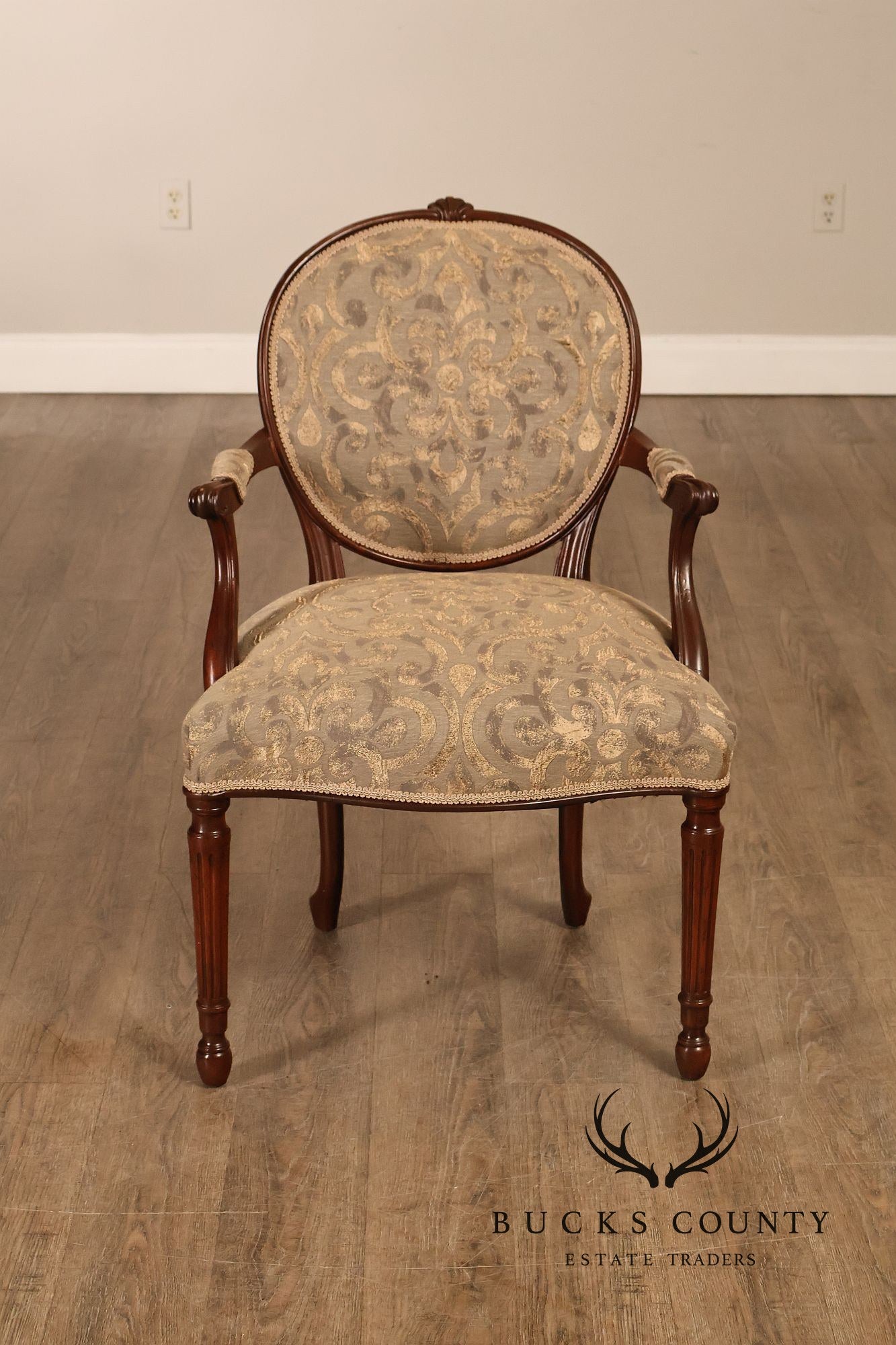 Hepplewhite Inspired Set Of Eight Mahogany Carved Oval Back  Dining Chairs