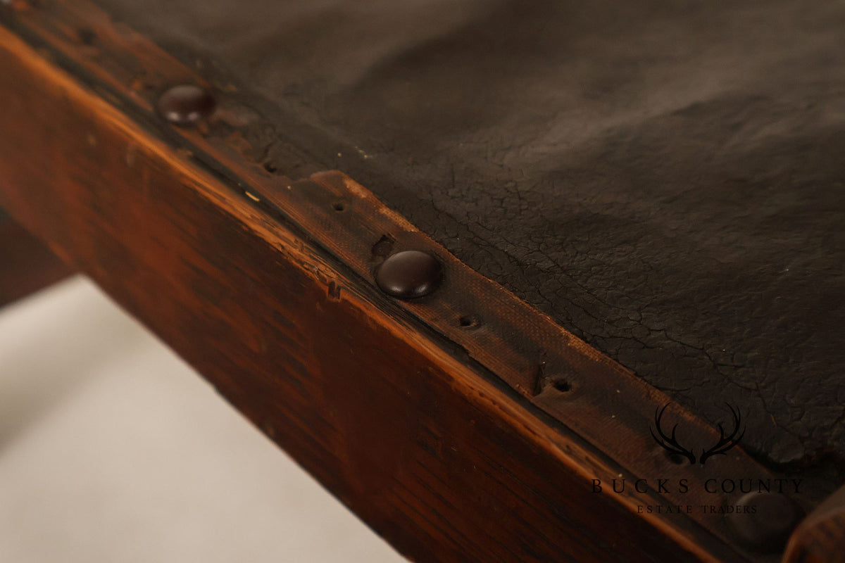 Arts And Crafts Oak Footstool With Leather Upholstered Seat