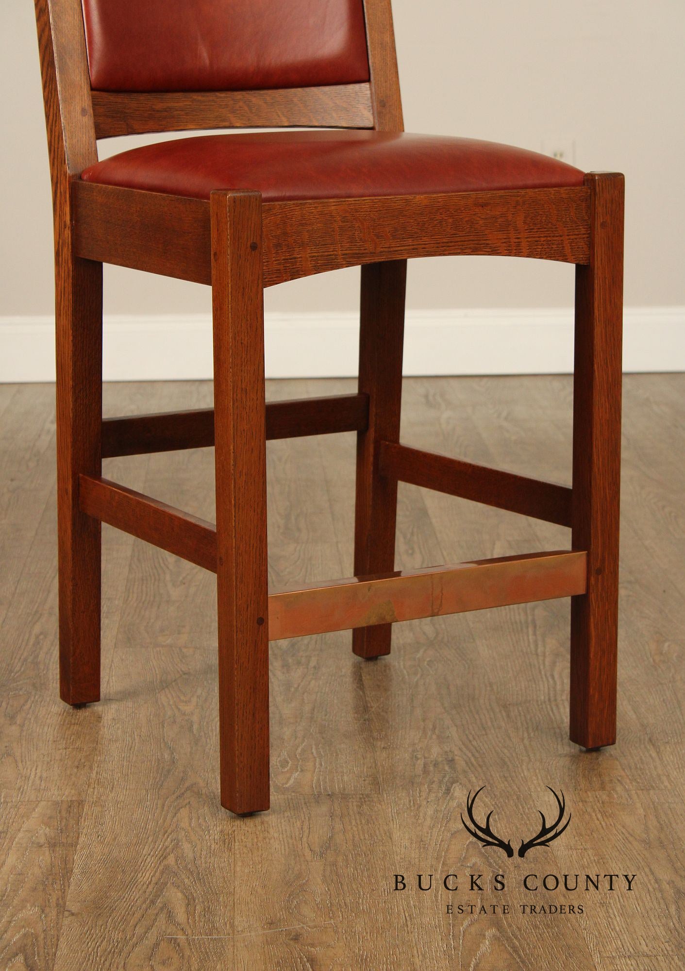 Stickley Mission Collection Pair of Oak And Leather Counter Stools