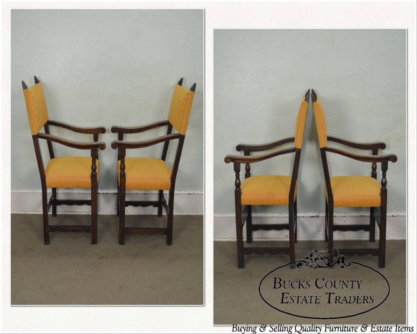 Antique Pair of Italian 19th Century Walnut High Back Throne Arm Chairs