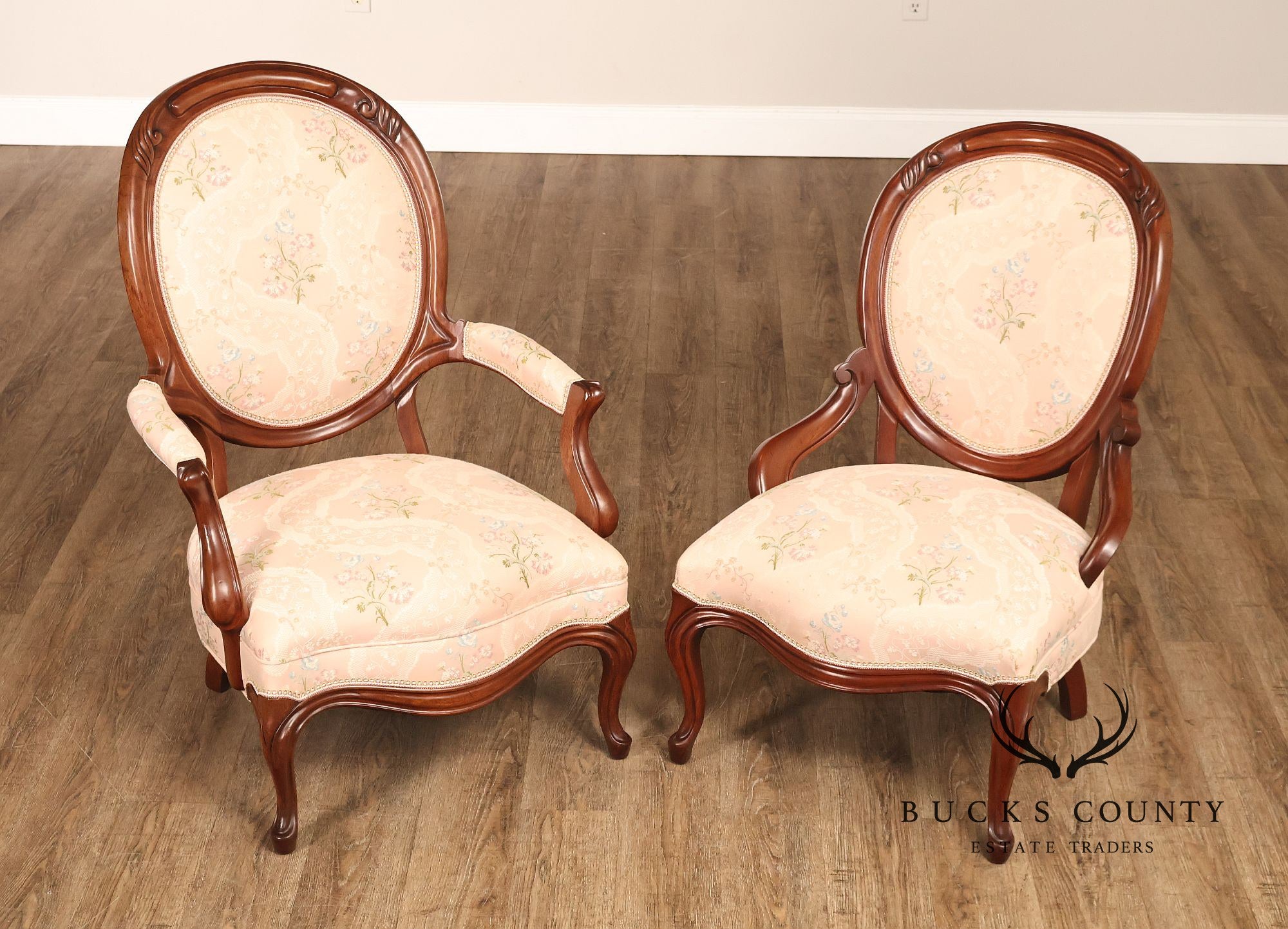 Antique Victorian Walnut Pair Of His And Hers Parlor Armchairs