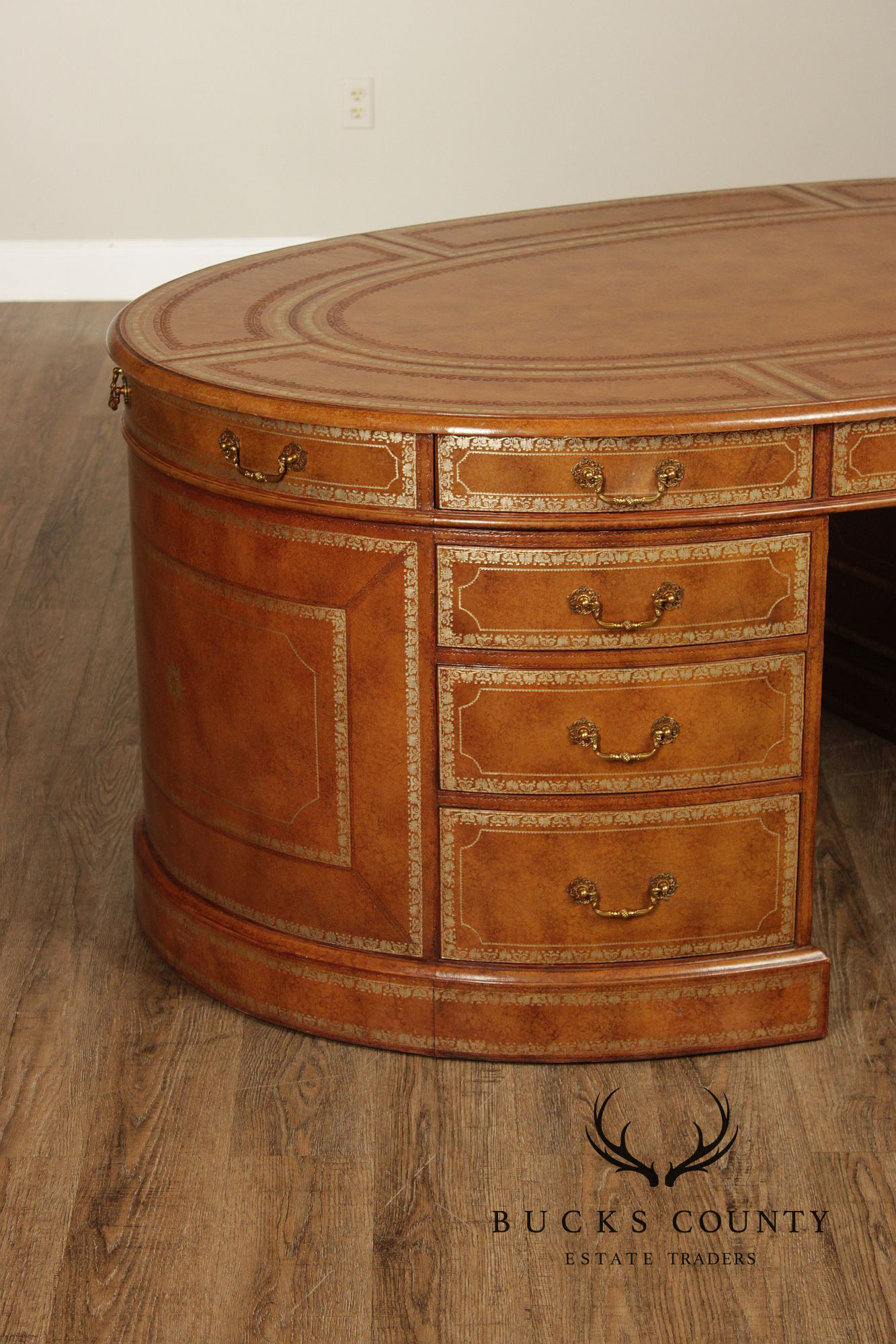 Maitland Smith Leather Wrapped Oval Executive Partners Desk