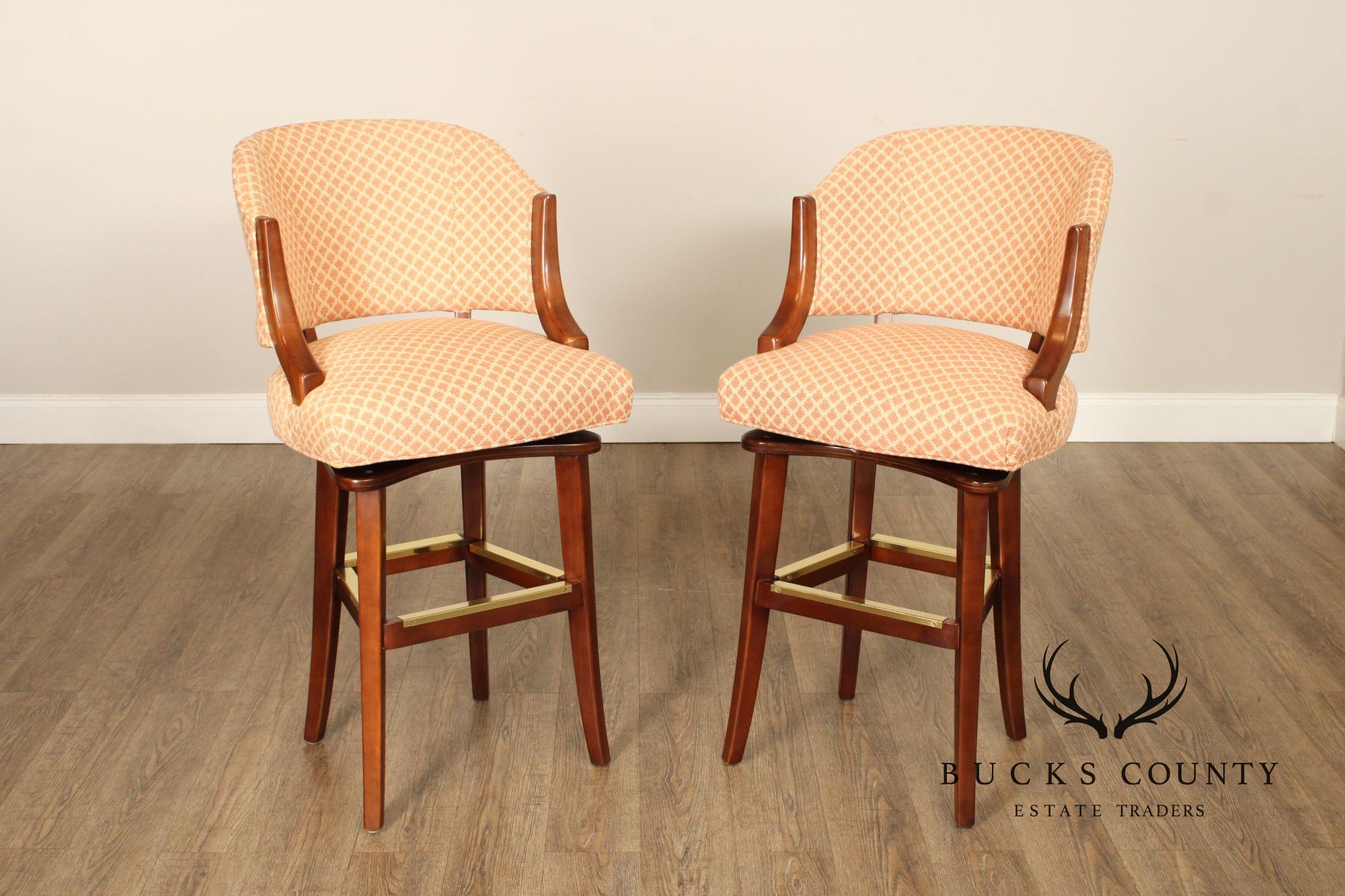 Southwood  Pair Of Custom Upholstered Swivel Bar Stools