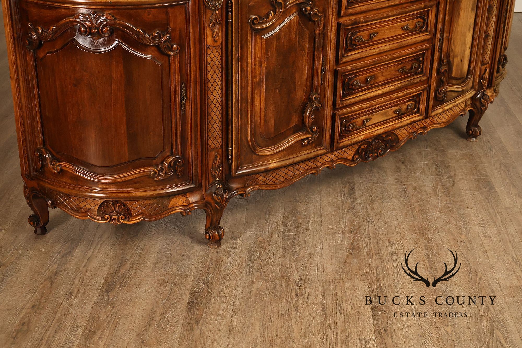 French Louis XV Style 106" Long Marble Top Walnut Sideboard