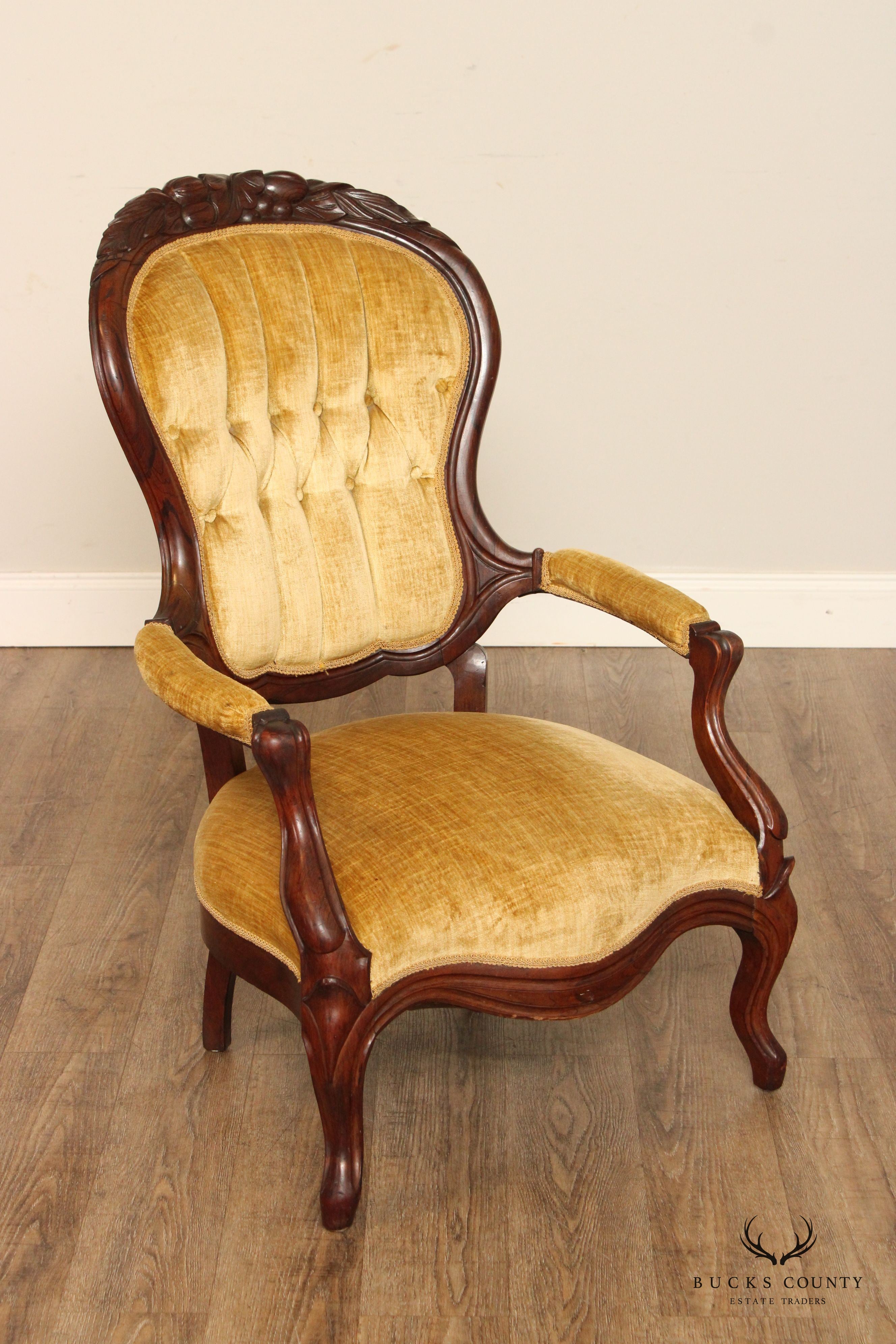 Antique Victorian Lady's and Gentleman's Complimenting Pair of Walnut Armchairs