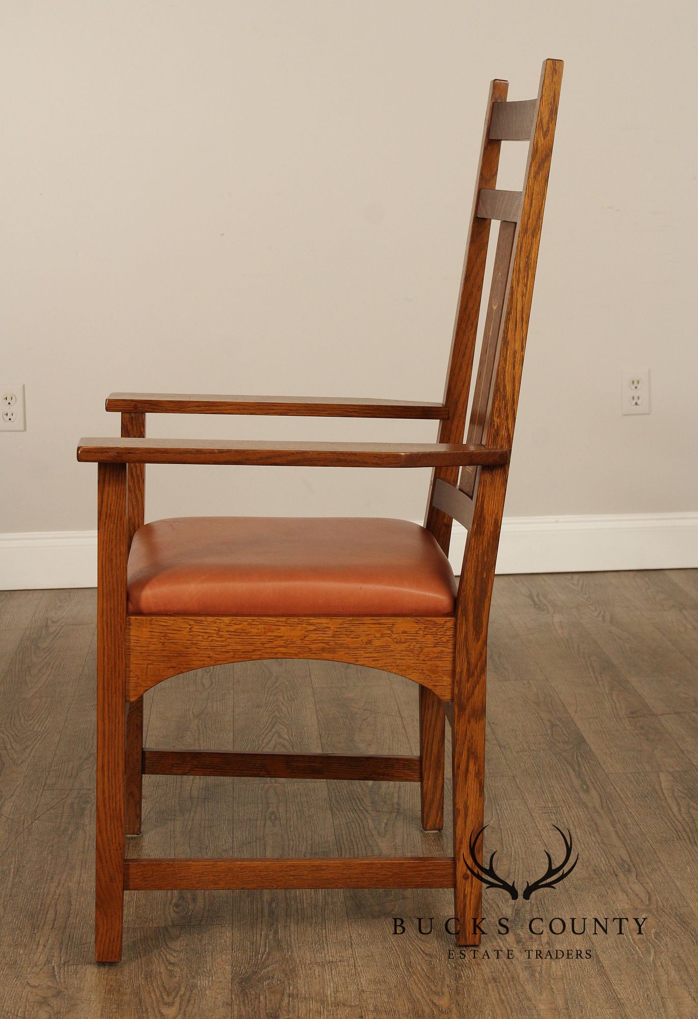 Stickley Mission Collection Pair of Harvey Ellis Inlaid Oak Dining Armchairs