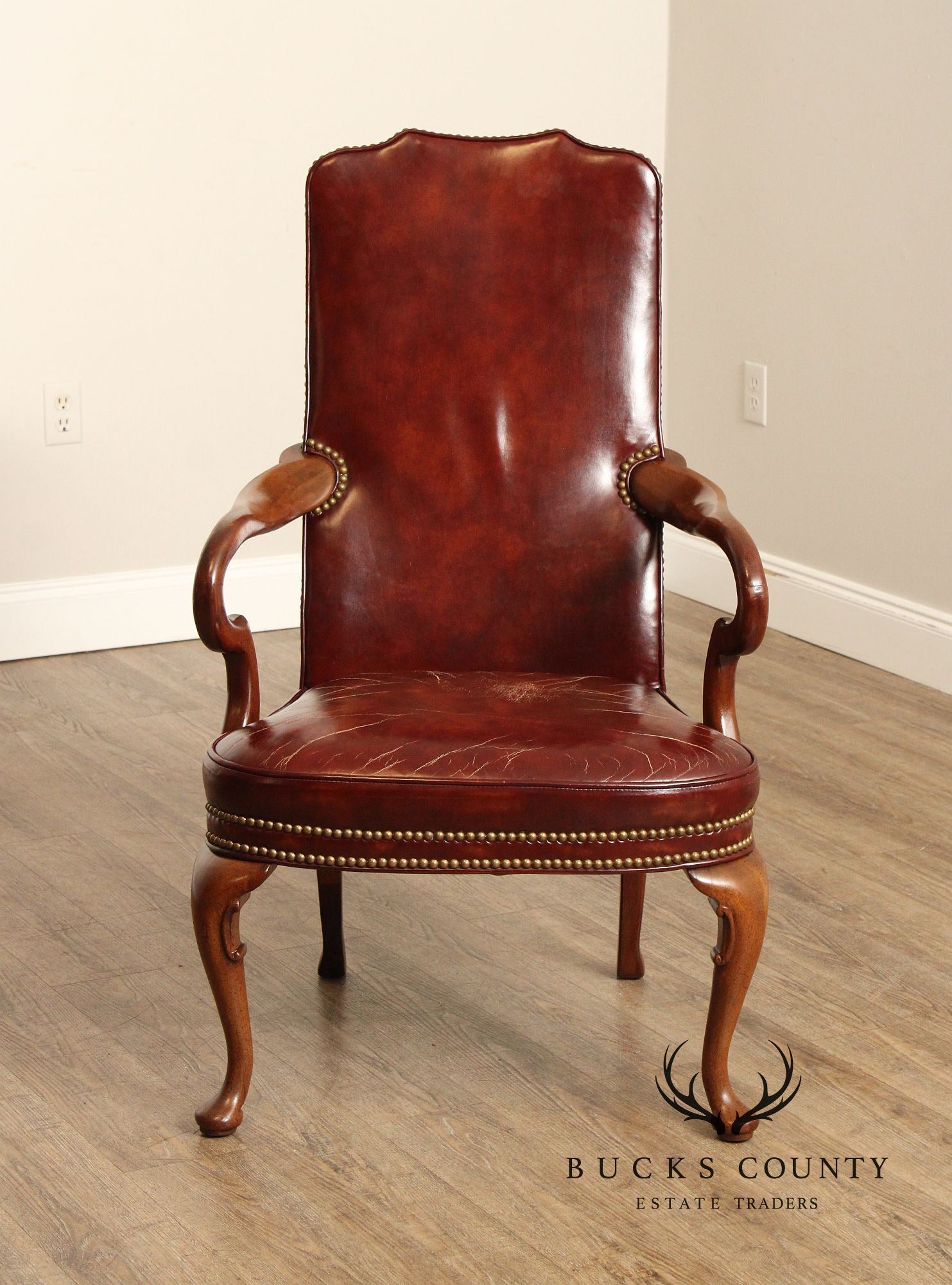 Hickory Chair Queen Anne Style Mahogany and Vintage Leather Armchair