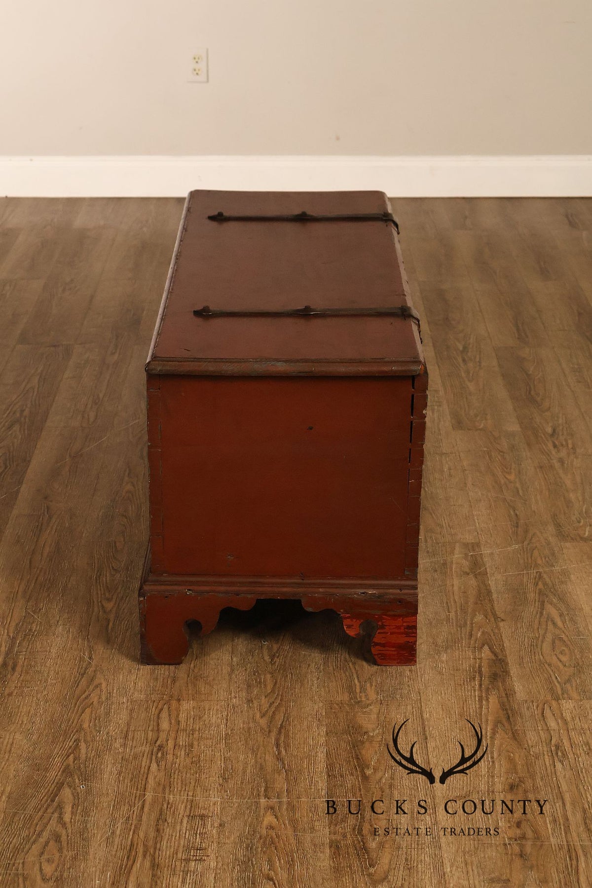 Antique Red Painted Cedar Blanket Chest With Cast Iron Strapping