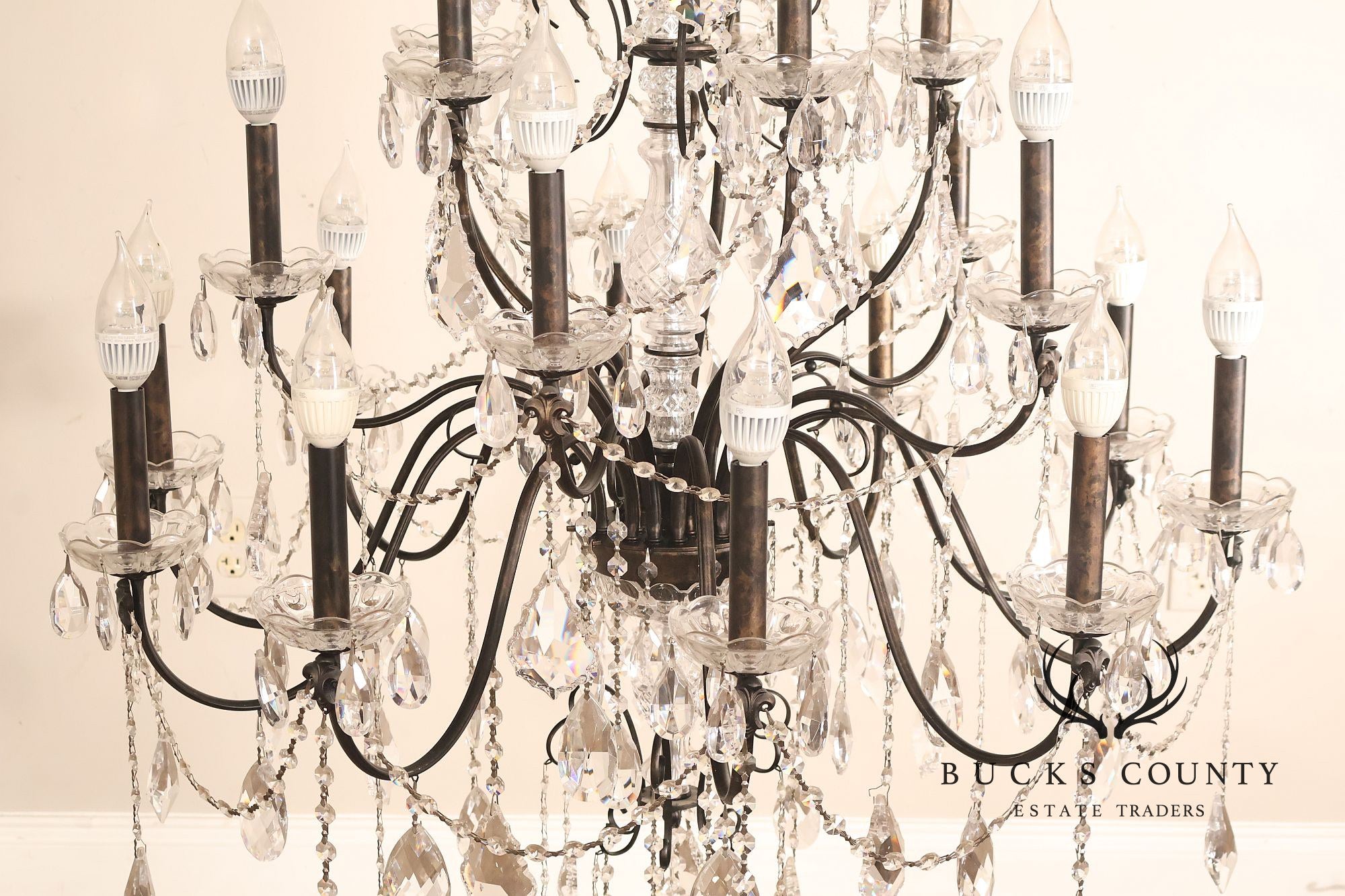 Large Twenty-Light Crystal And Wrought Iron 55" Chandelier