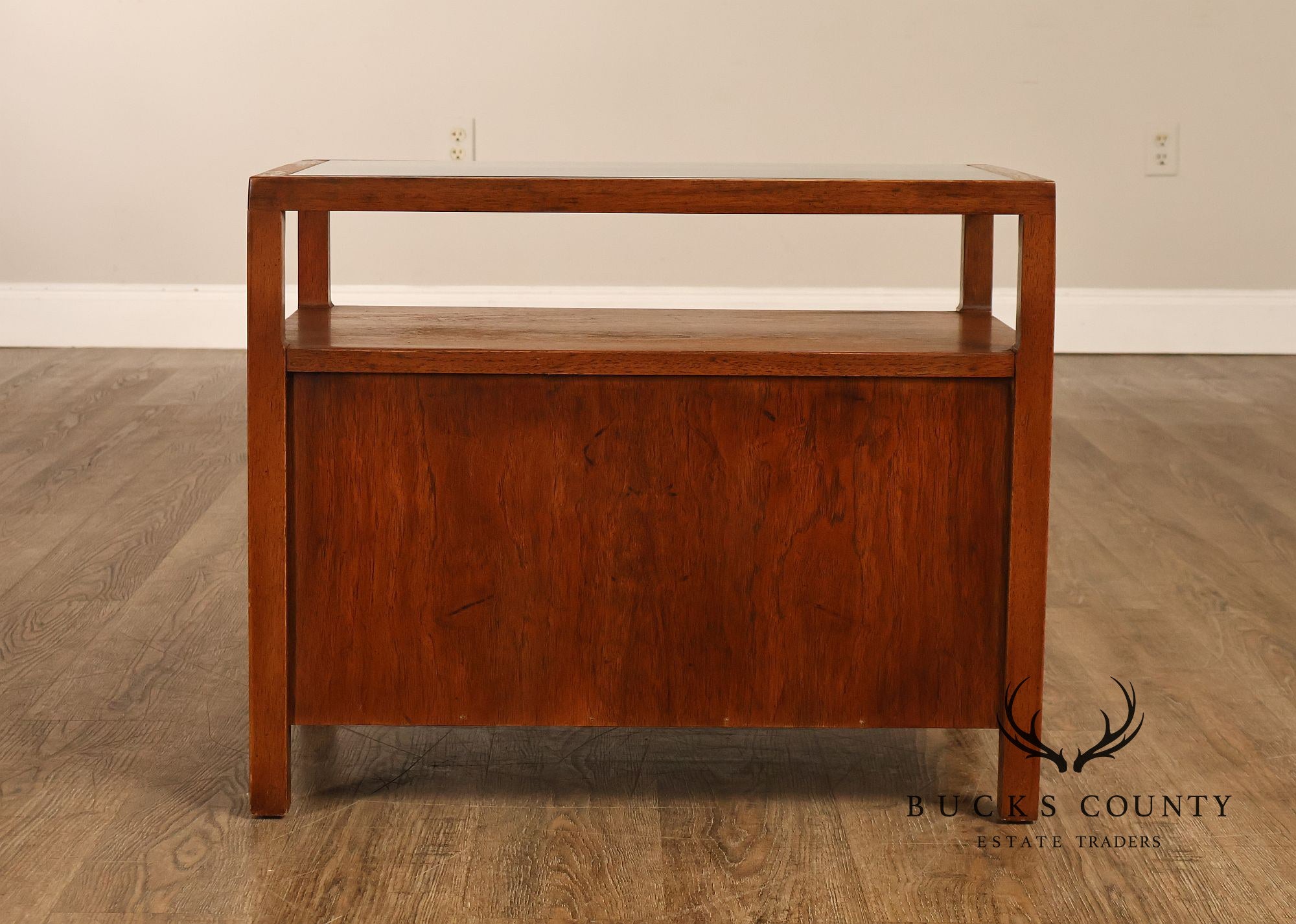 Mid-Century Modern Glass Top Walnut and Cane Side Cabinet