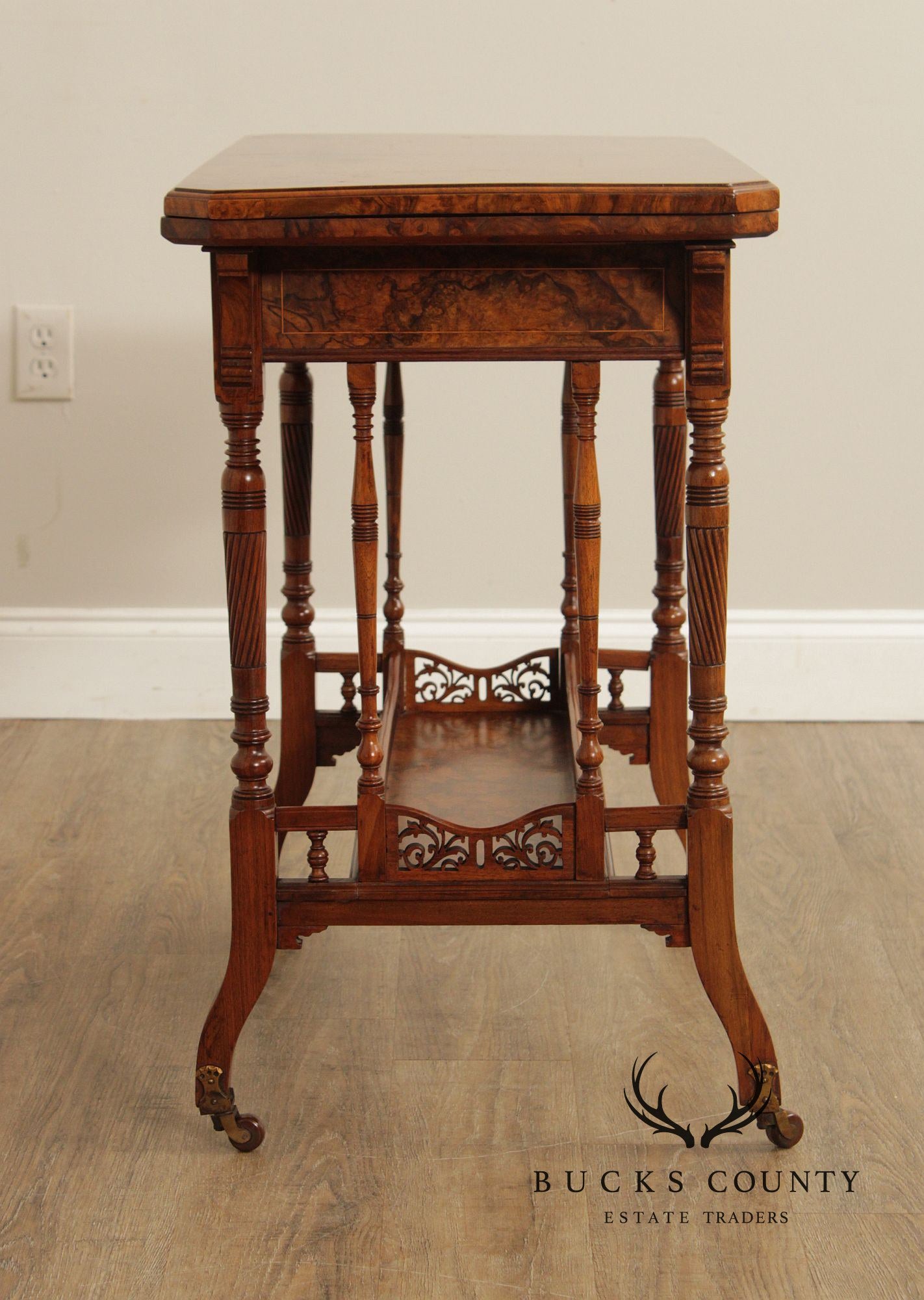 Antique English Burl Walnut Inlaid Games Table