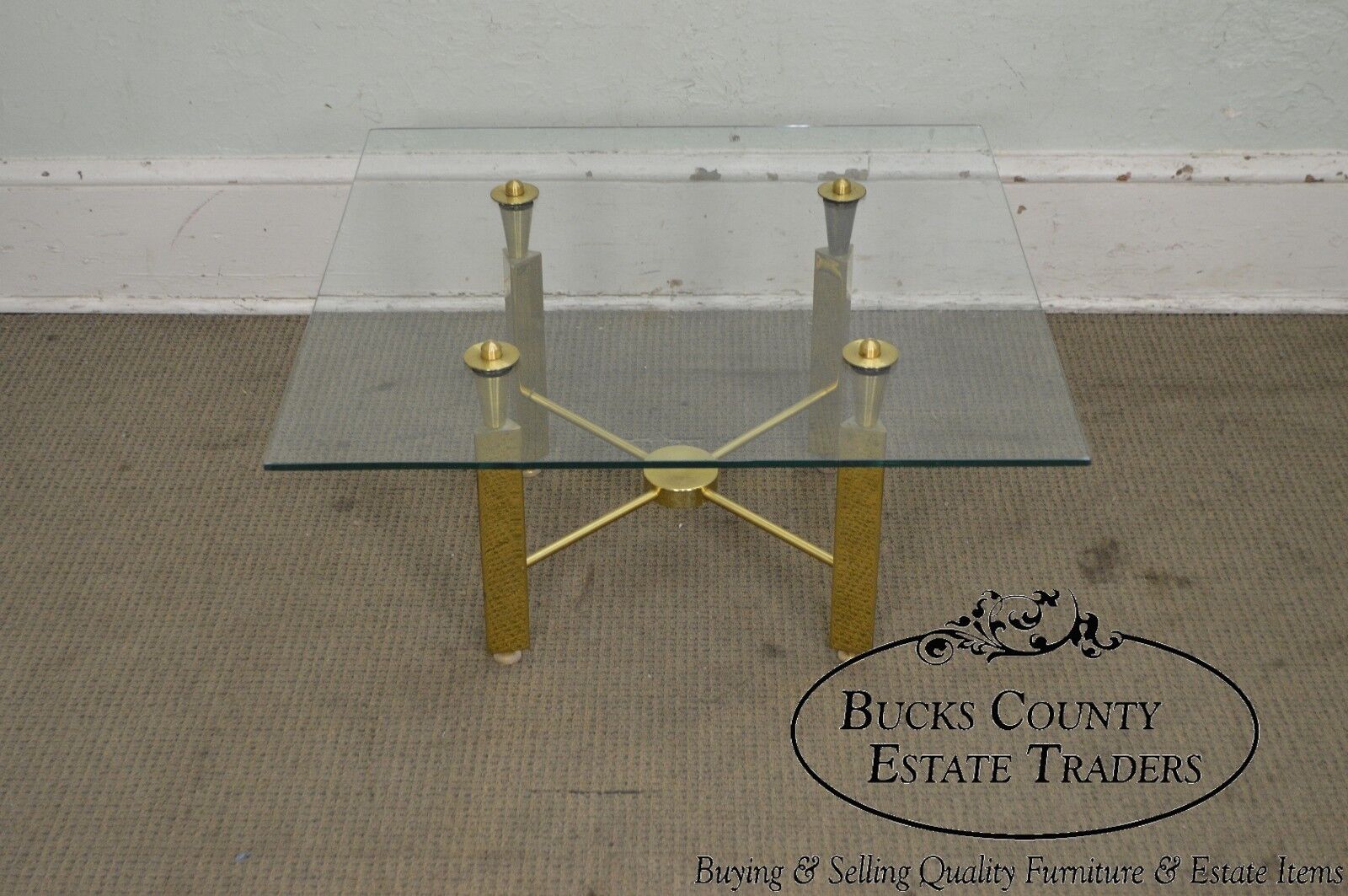 Mid Century Modern Brass Base Square Glass Top Coffee Table