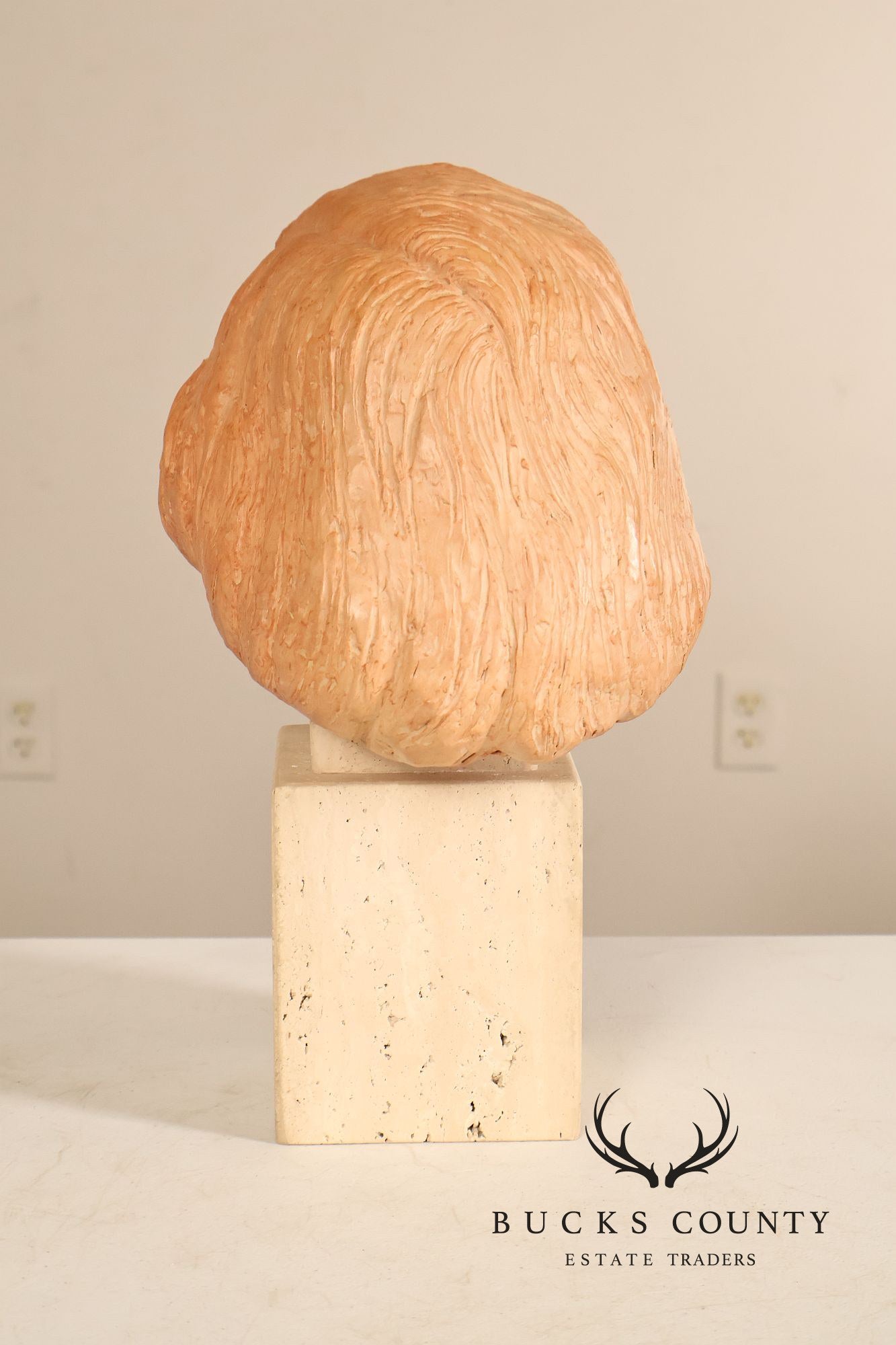 Contemporary Terracotta Female Portrait Bust Sculpture On Travertine Pedestal Base