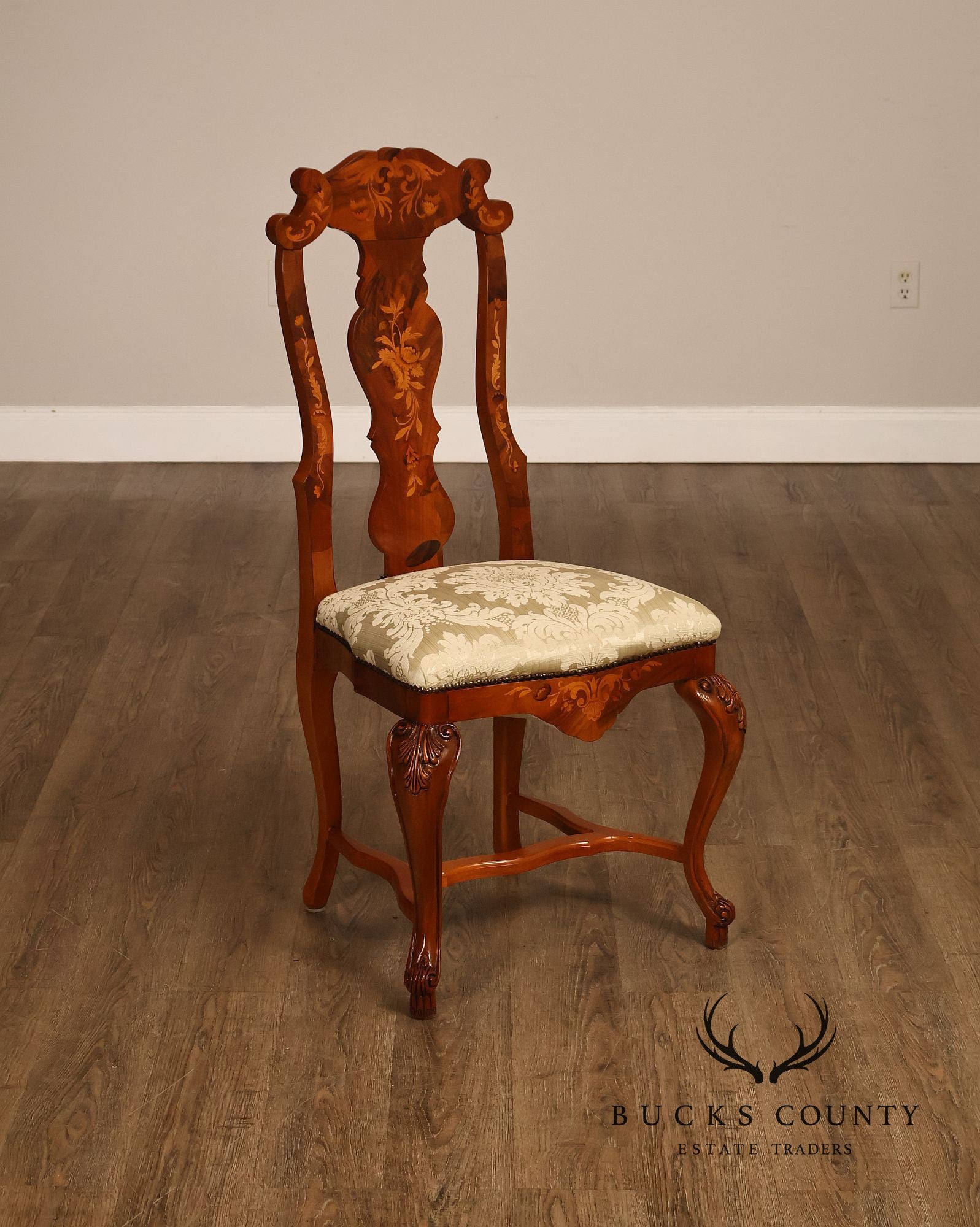Italian Baroque Style Set of Eight Inlaid Olive Wood Dining Chairs