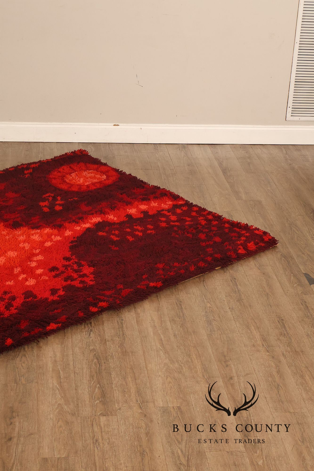 Mid Century Modern Scandinavian Rya Wool Abstract Red Shag Area Rug / Textile Wall Hanging by Ritva Puotila