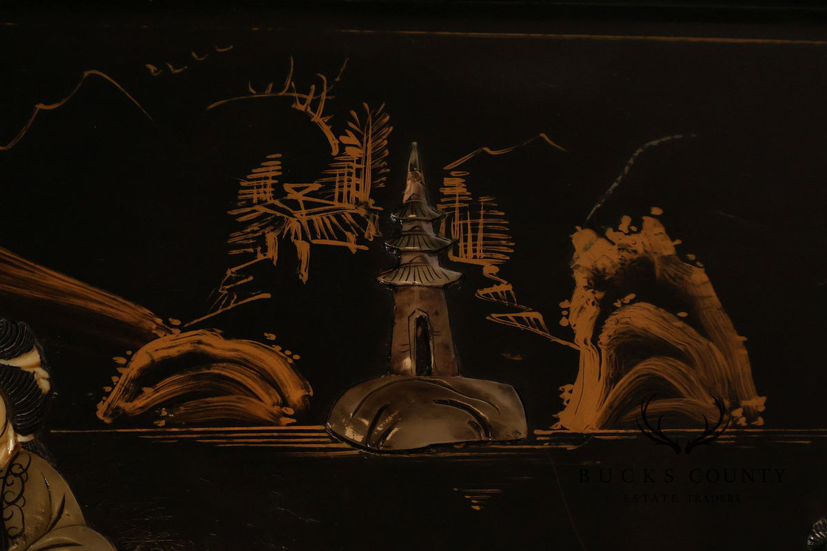 Asian Inspired Black Lacquer Coffee Table With Figural Inlay