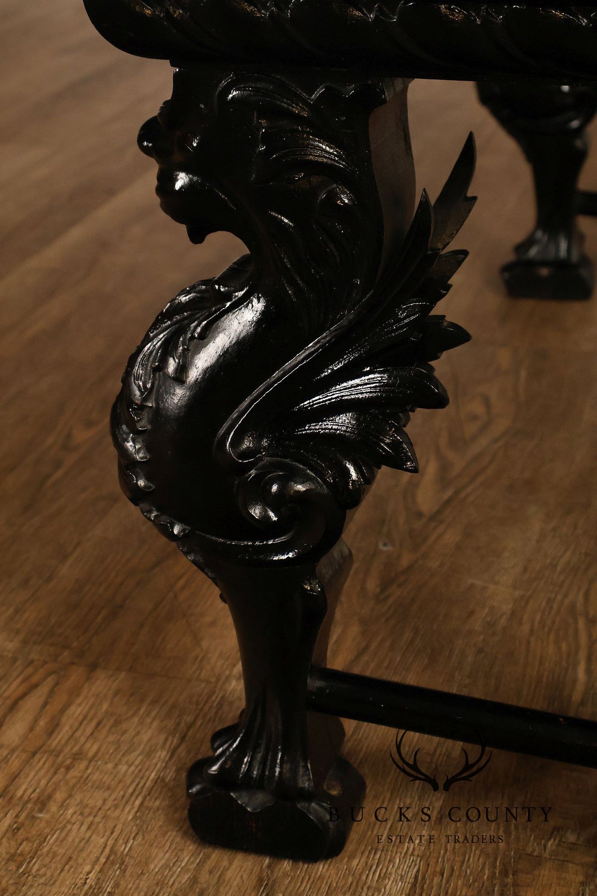 Antique Renaissance Revival Ebonized Oak Carved Griffin Bench