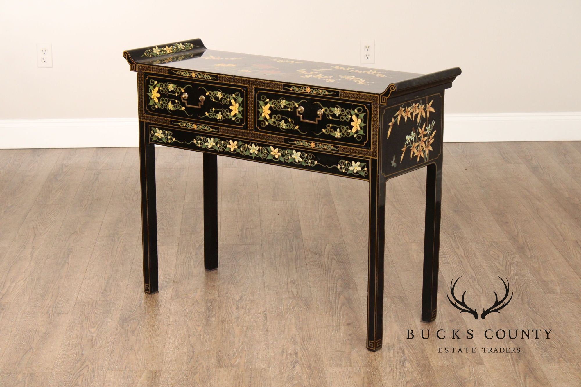 Chinoiserie Painted Vintage Black Lacquer Console Table