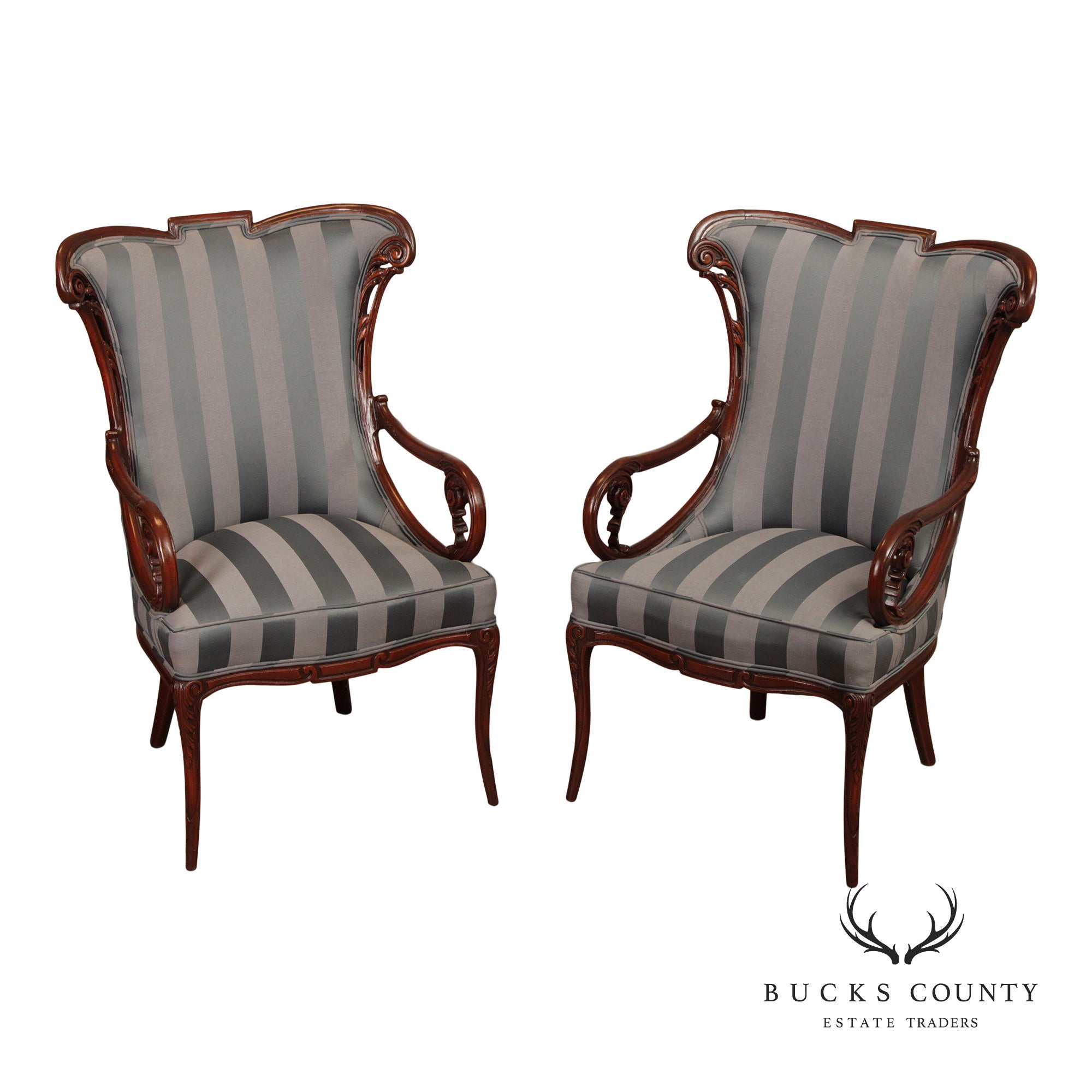 Pair Of Louis XV Style Carved Mahogany Upholstered Armchairs