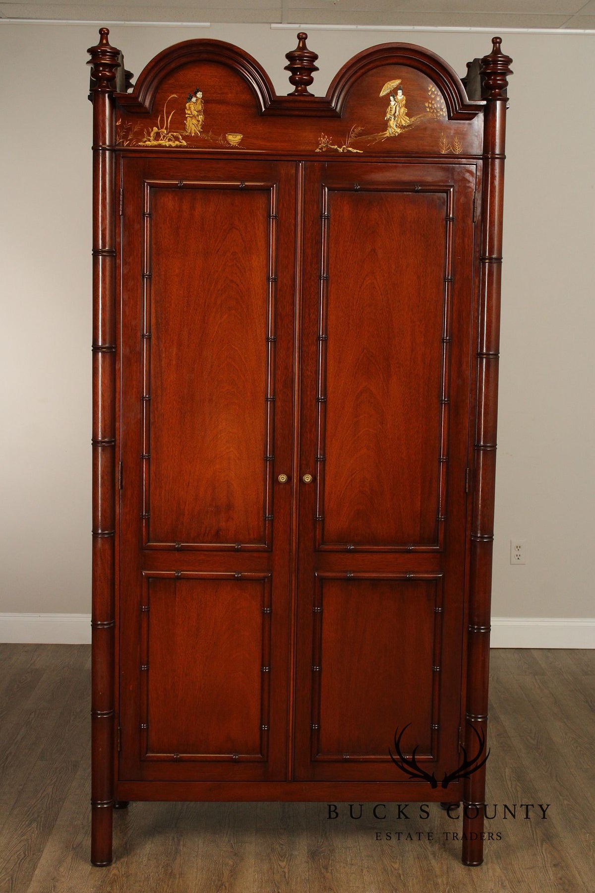 Chinoiserie Style Mahogany Gentleman's Armoire With Faux Bamboo Moldings and Painted Panels