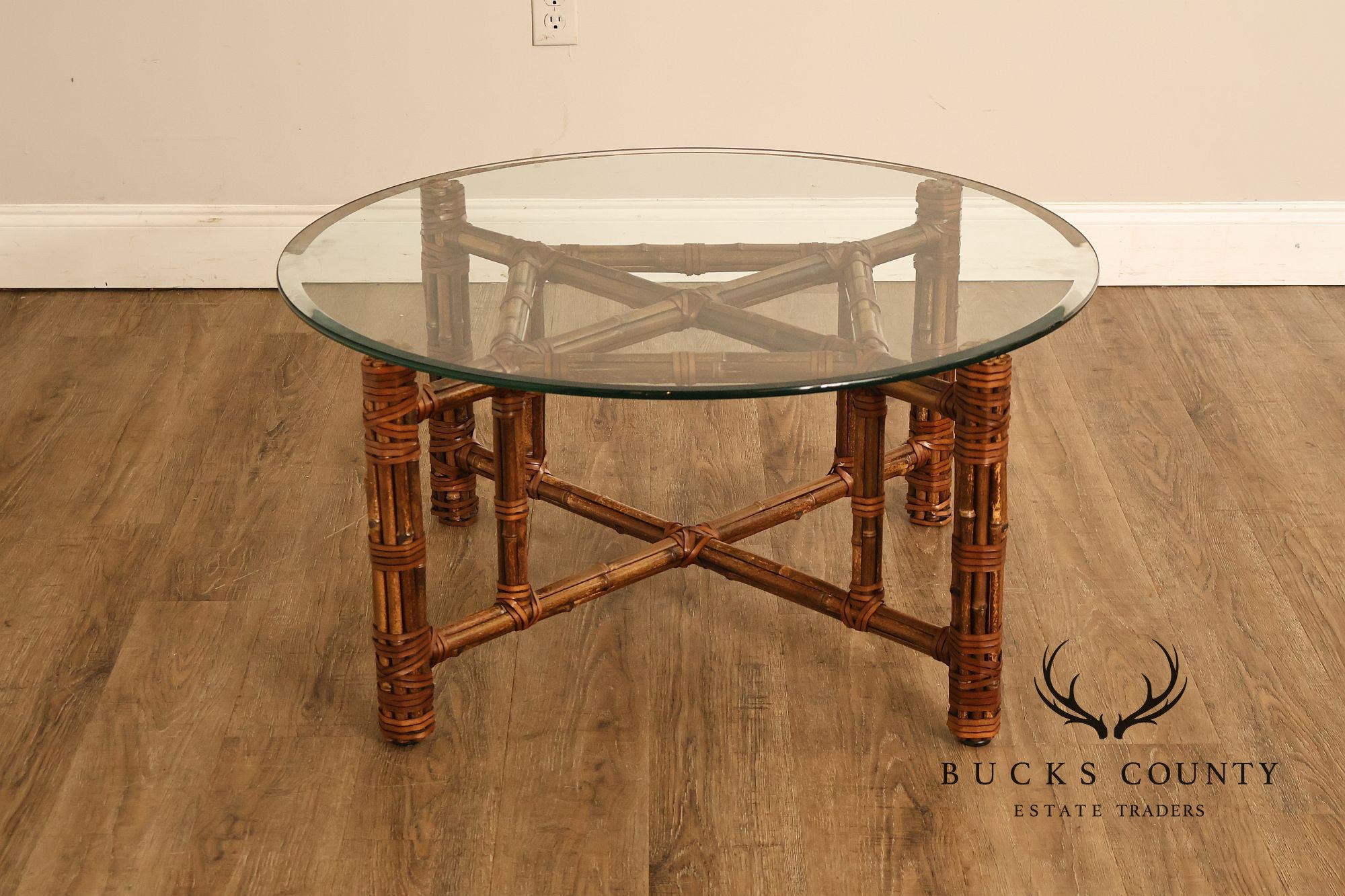 McGuire Bamboo And Rattan Round Glass Top Coffee Table