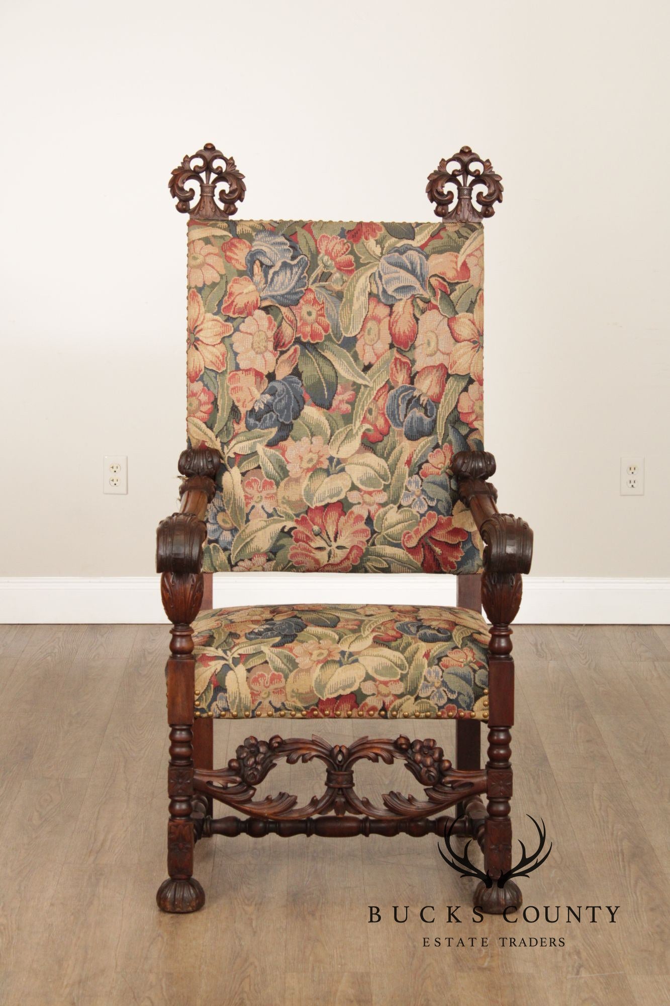 Antique French Baroque Style Carved Walnut Armchair