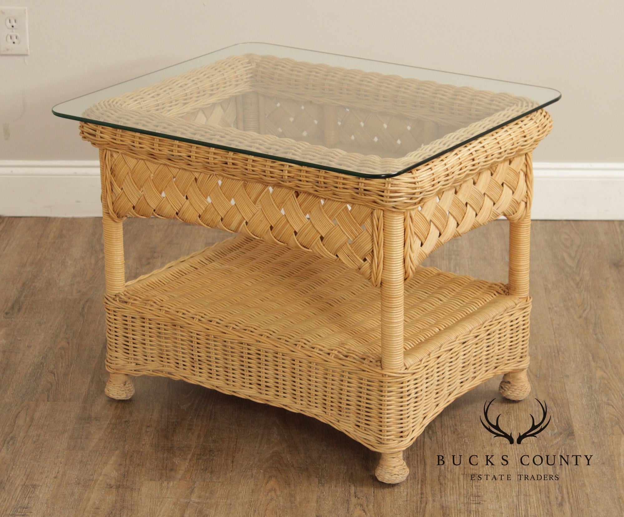 Vintage Pair of Glass Top Wicker End Tables