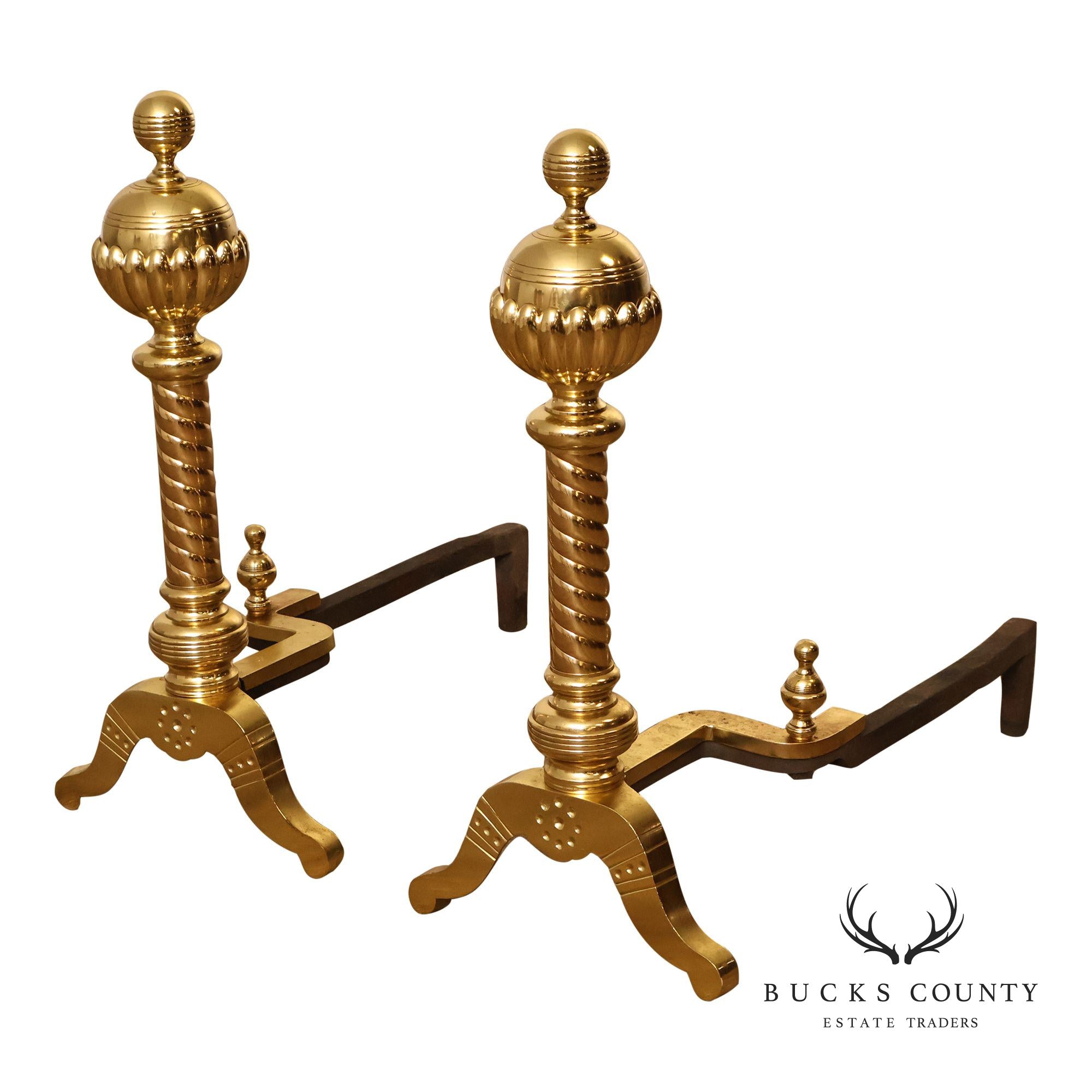 Georgian Style Pair of Polished Brass Fireplace Andirons