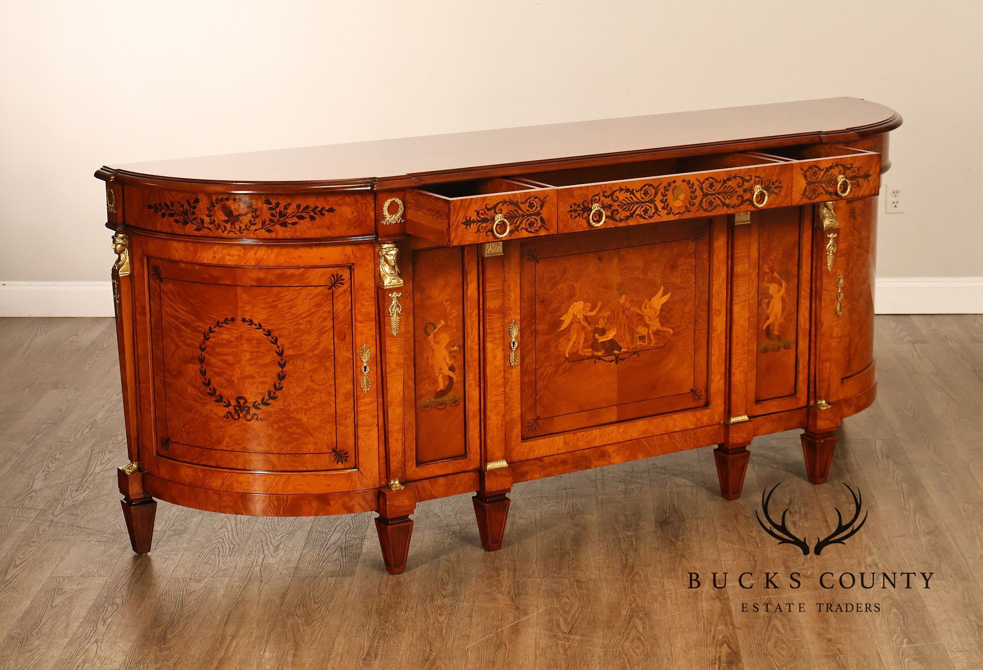 Rho Mobili D'Epoca Neoclassical Burl Wood Marquetry Inlaid Sideboard