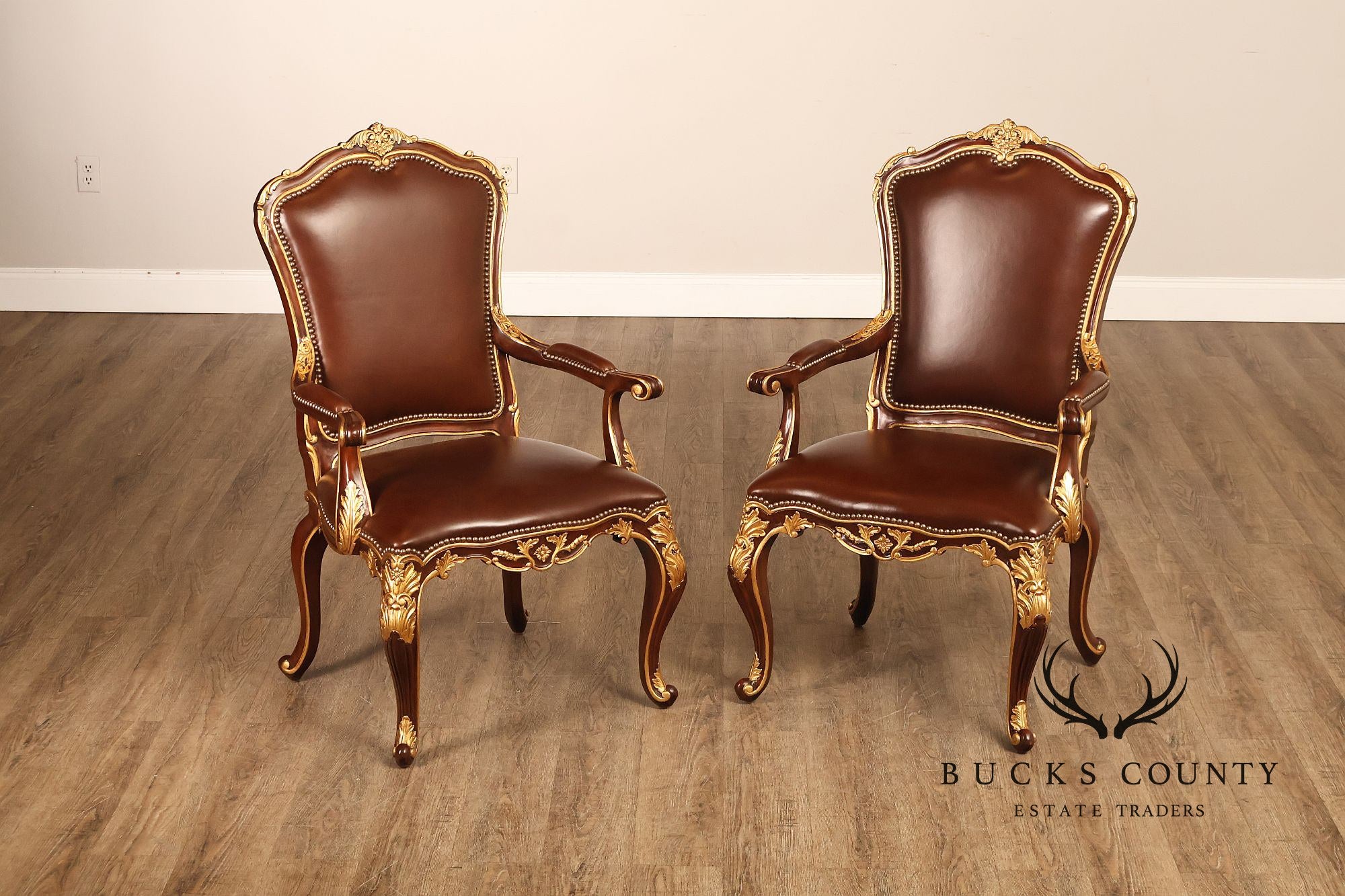 Scarborough House Pair Of French Rococo Style Gilt Mahogany Leather Upholstered Armchairs
