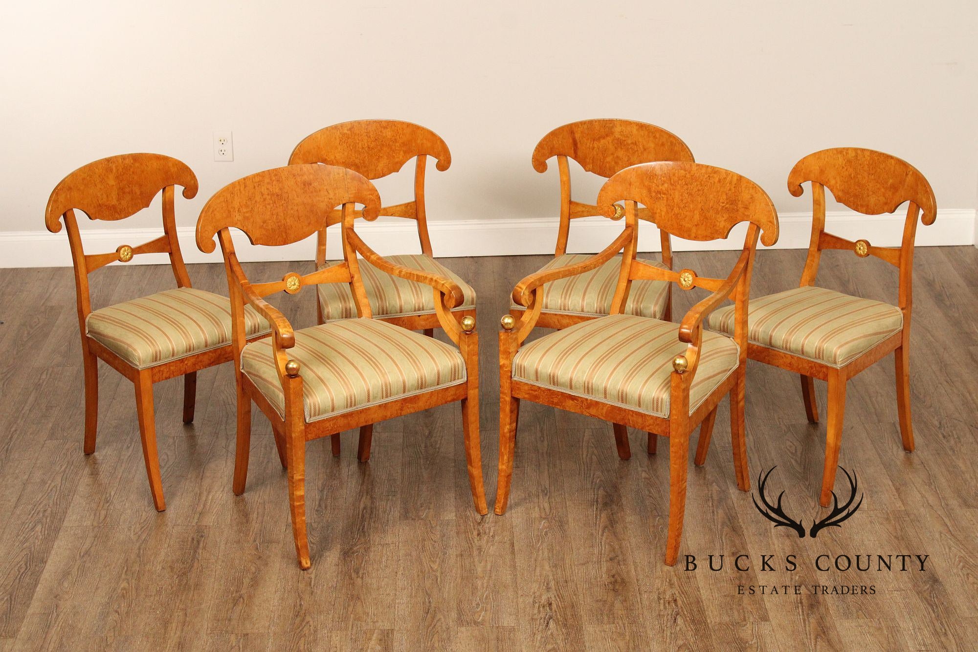 Antique Biedermeier Set of Six Birchwood Dining Chairs