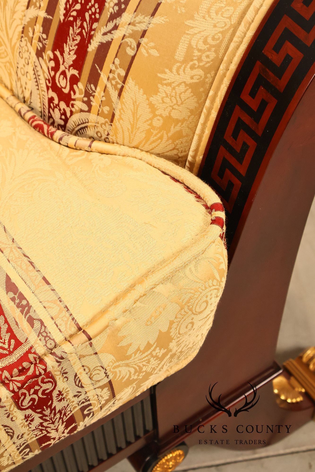 Empire Neoclassical Style Mahogany Upholstered Armchair With Gilt Bronze Accents