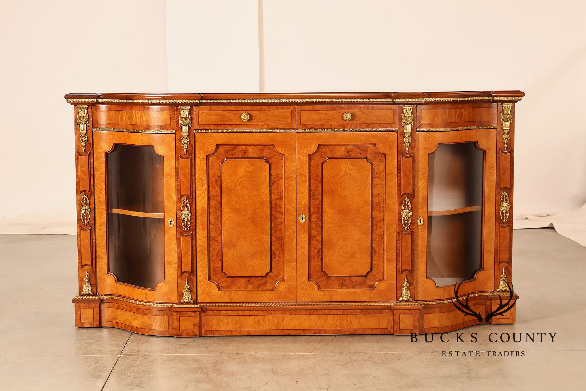 Italian Neoclassical Style Burl Wood Sideboard Credenza