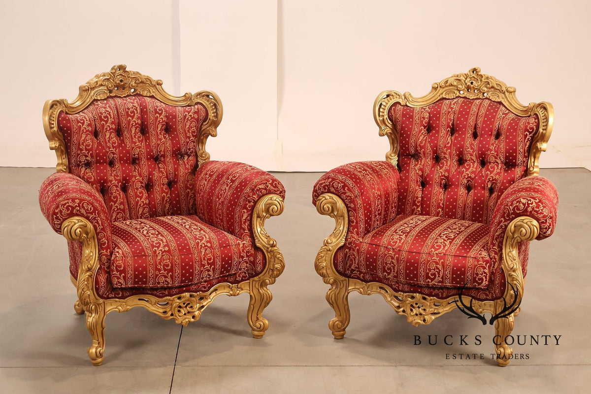 Baroque Style Pair Of Giltwood Armchairs With Red Damask Upholstery