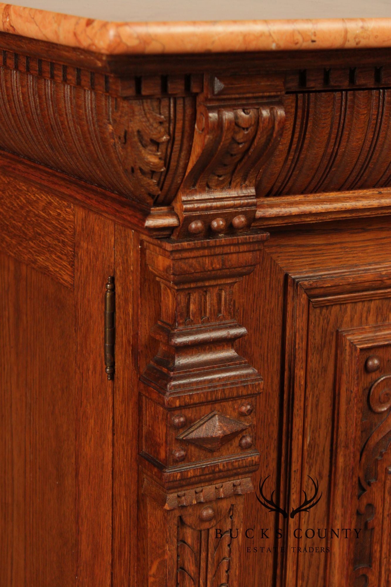 Antique German Renaissance Revival Carved Oak Marble Top Cabinet