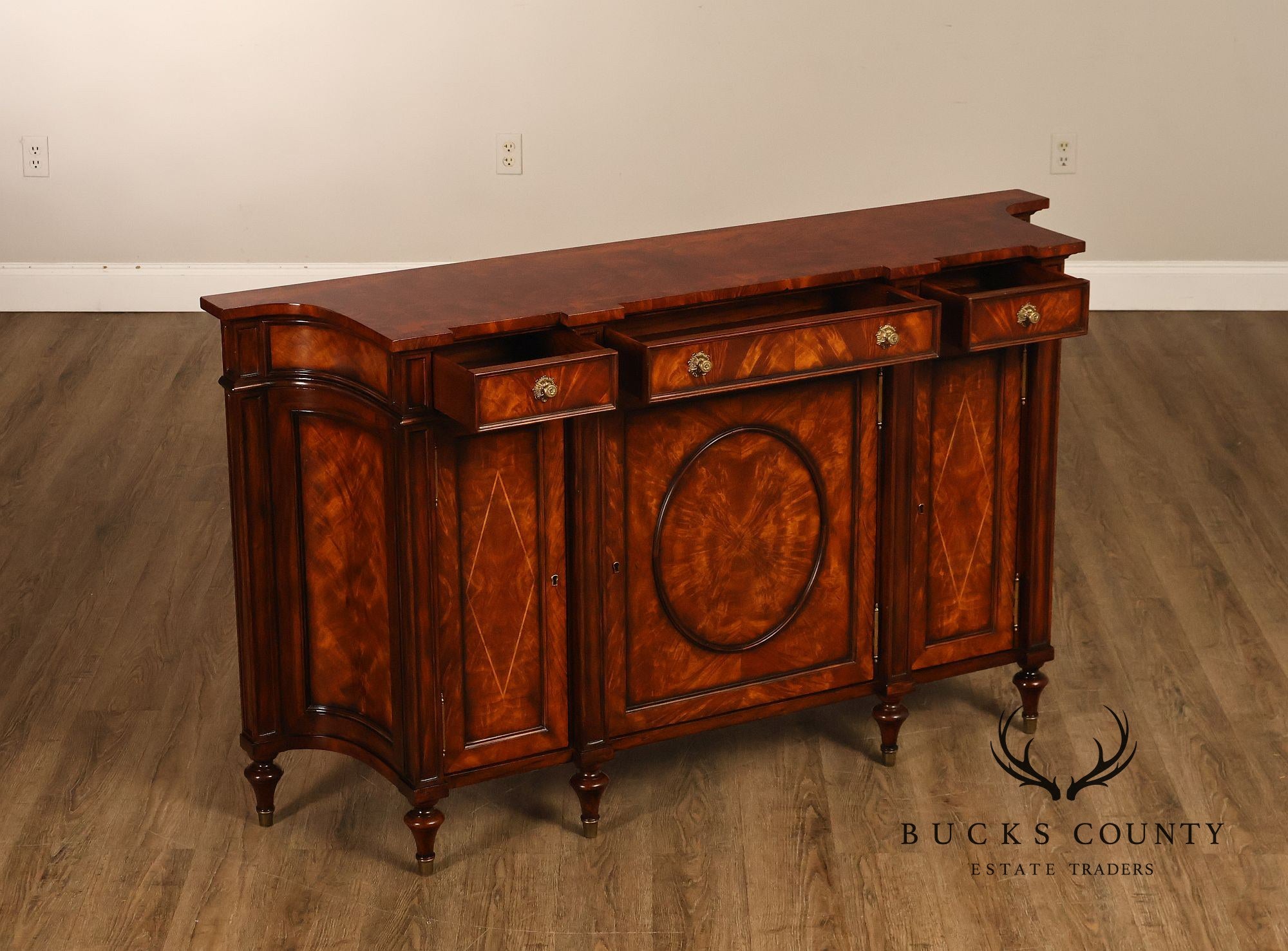 Theodore Alexander Replica Concave Mahogany And Burl Mahogany Sideboard Cabinet