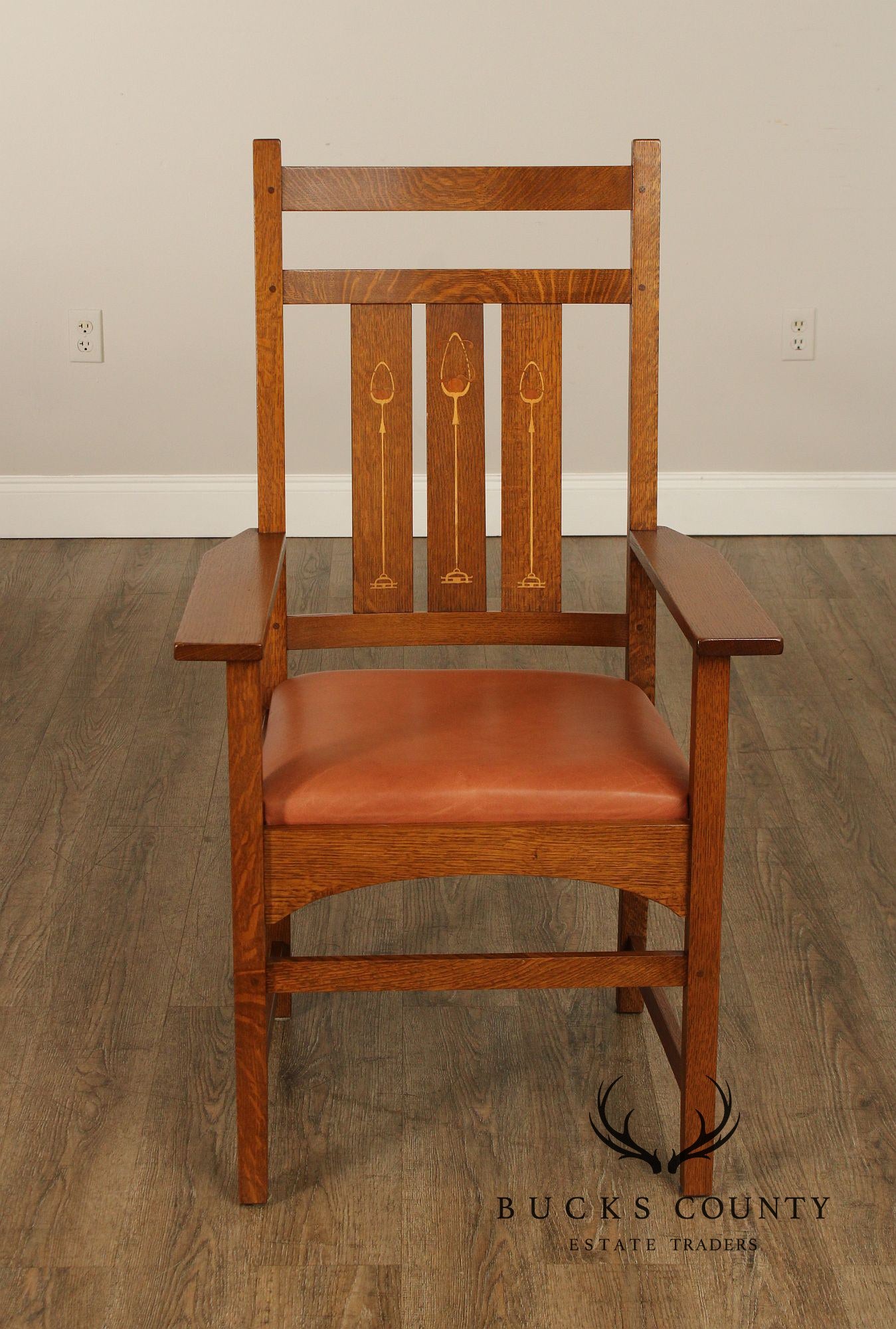 Stickley Mission Collection Pair of Harvey Ellis Inlaid Oak Dining Armchairs