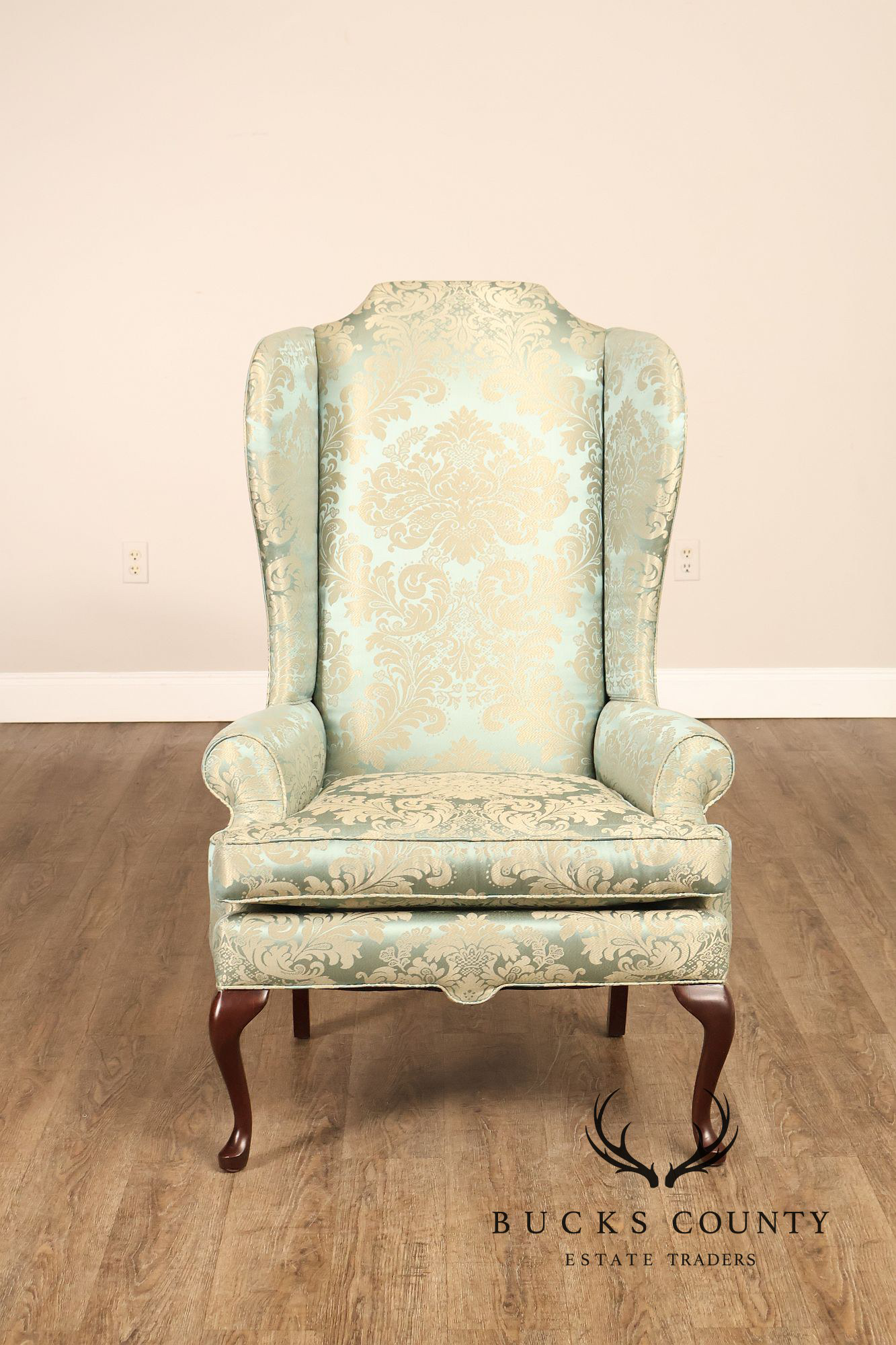 Quality Vintage Pair Of High Back Damask Upholstered Wing Chairs