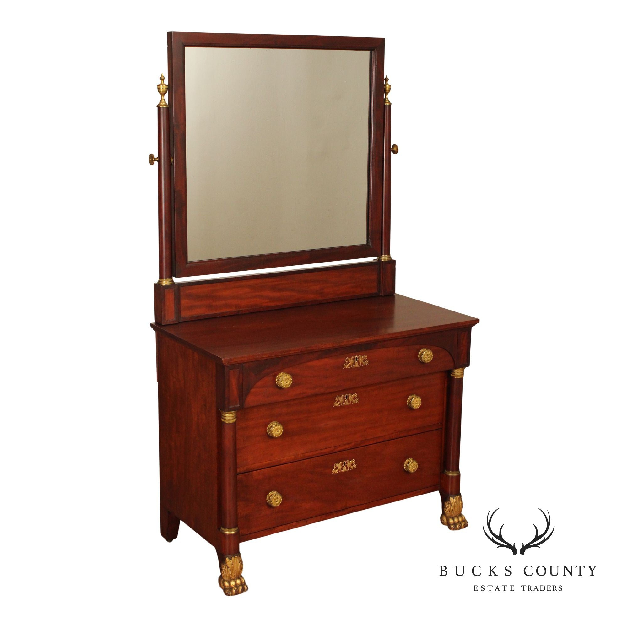 American Empire Style Antique Mahogany Chest of Drawers with Mirror