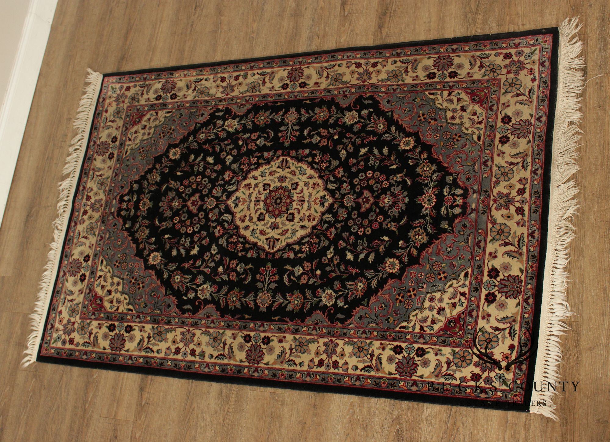 Persian Floral Medallion Style Wool Area Rug With Black Field 4.2 X 6.8