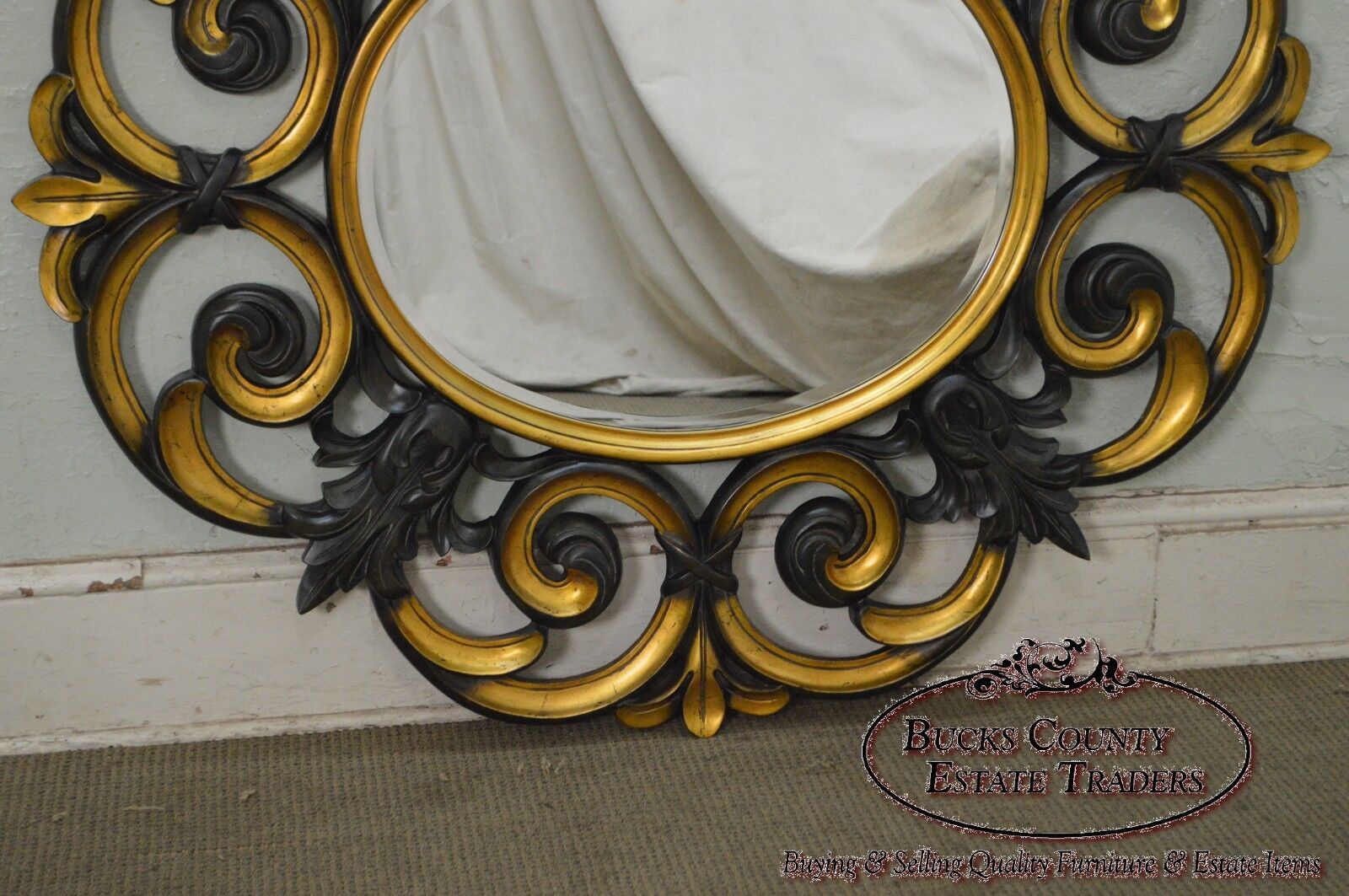 Large Baroque Style Partial Gilt Beveled Wall Mirror