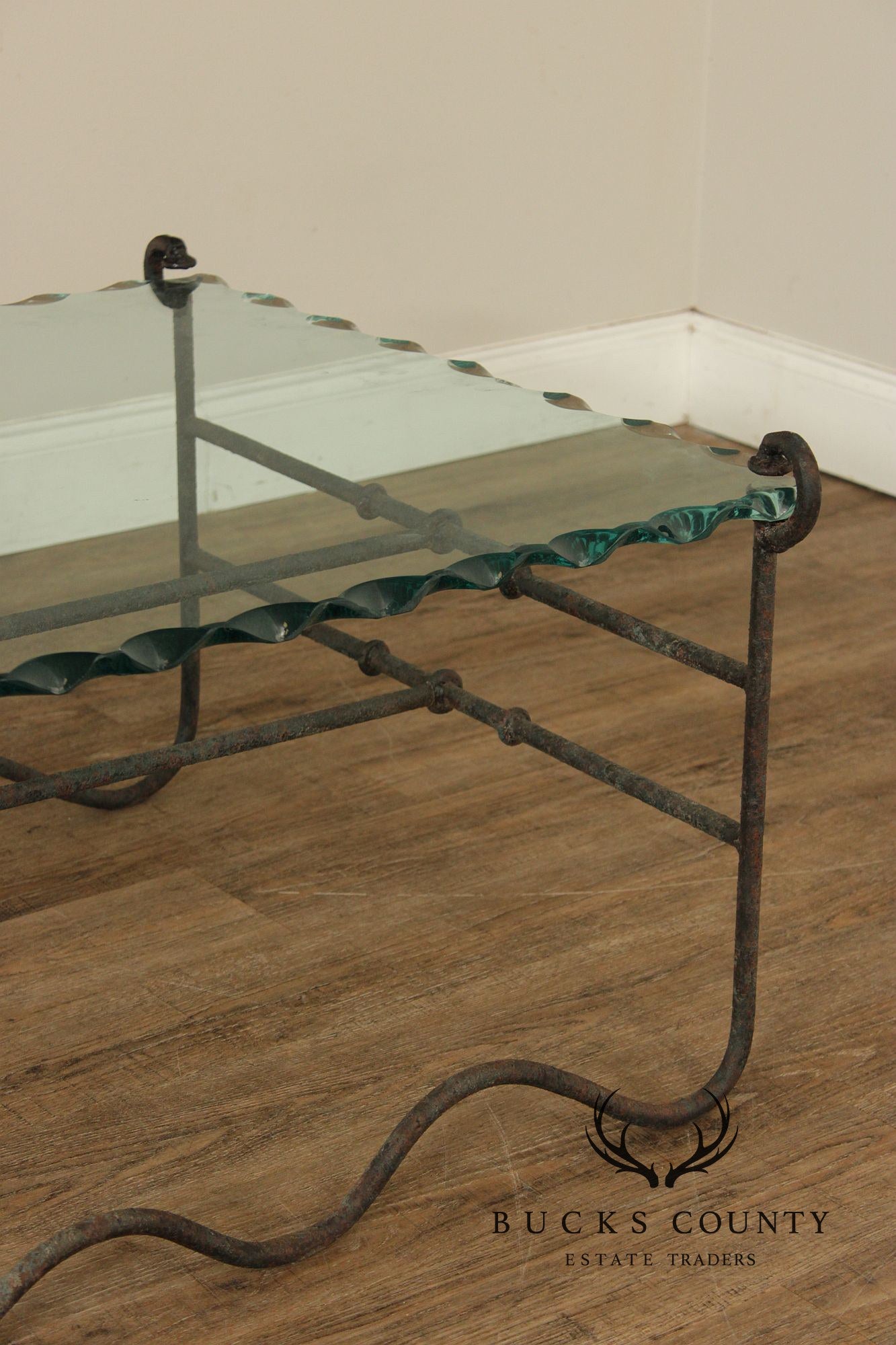 Modernist Glass Top Wrought Iron Coffee Table