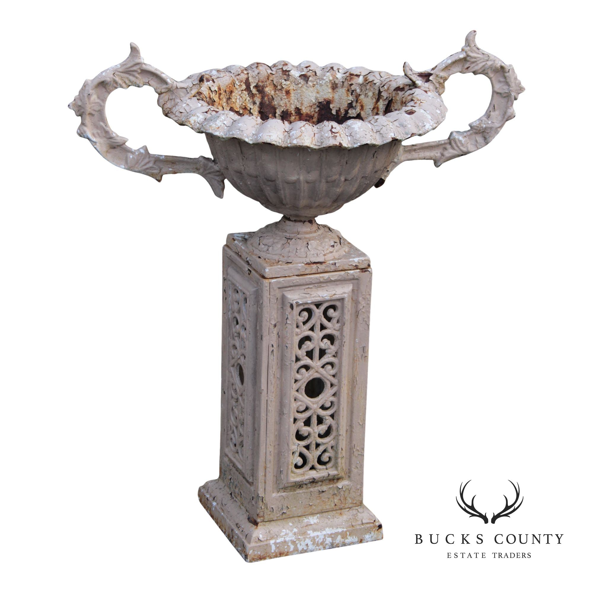 Antique Cast Iron Garden Urn on Pedestal