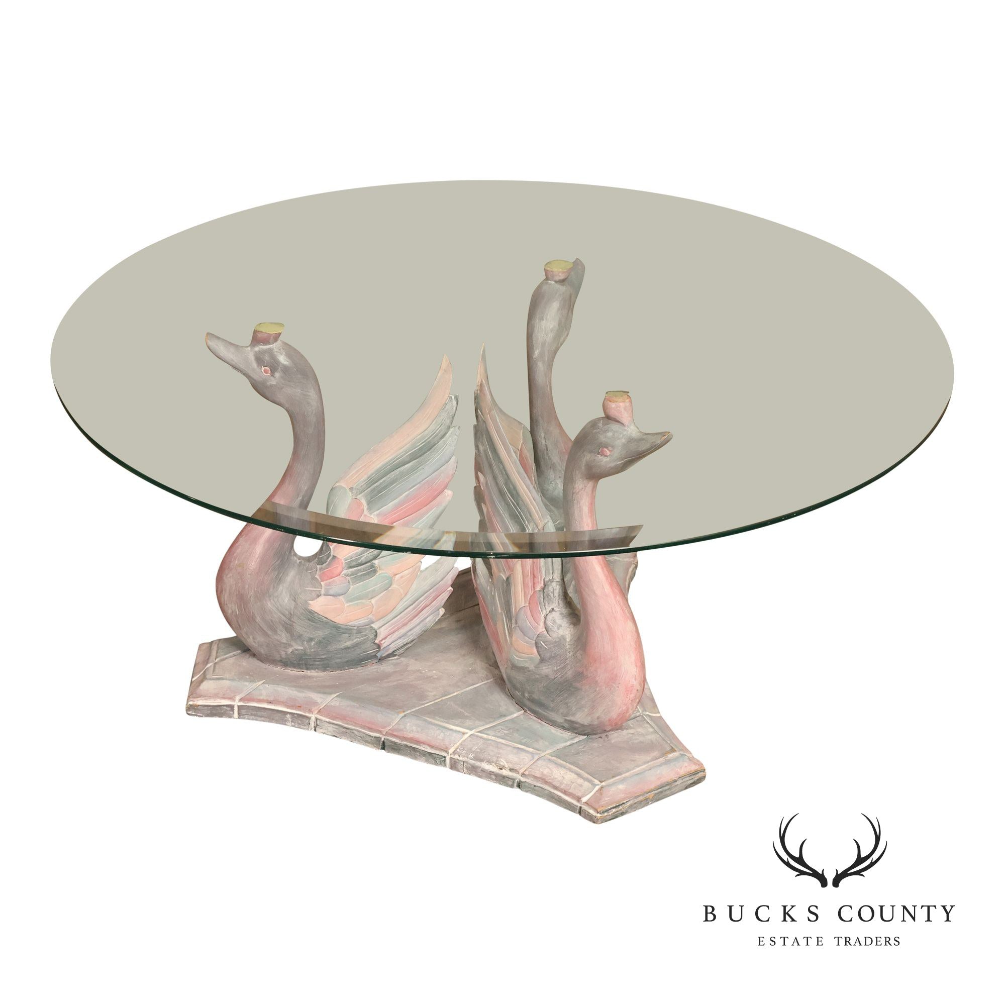 Hollywood Regency Style Swan Form Round Glass Top Center Table