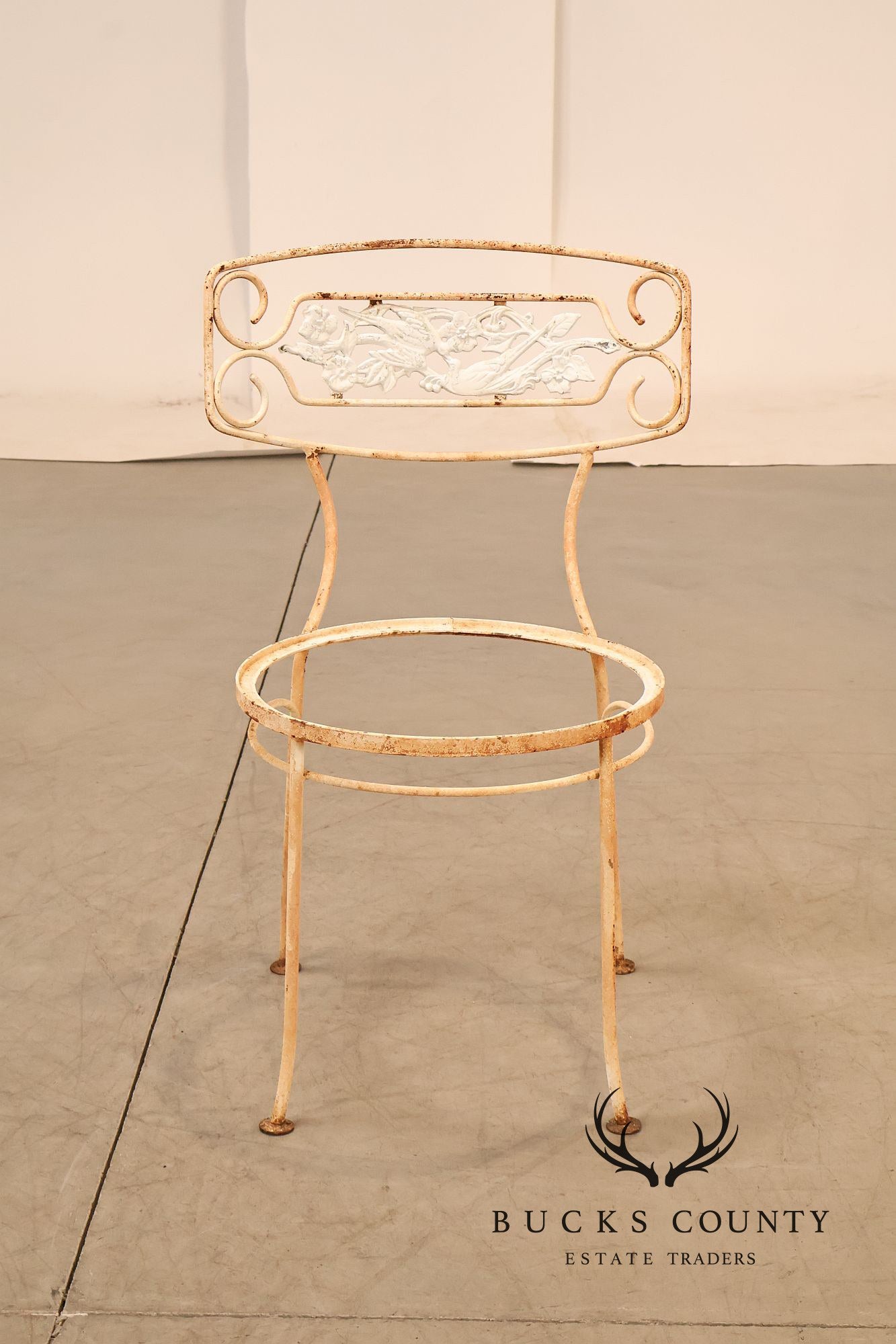 Painted Wrought Iron Set Of Three Garden Chairs With Decorative Backs
