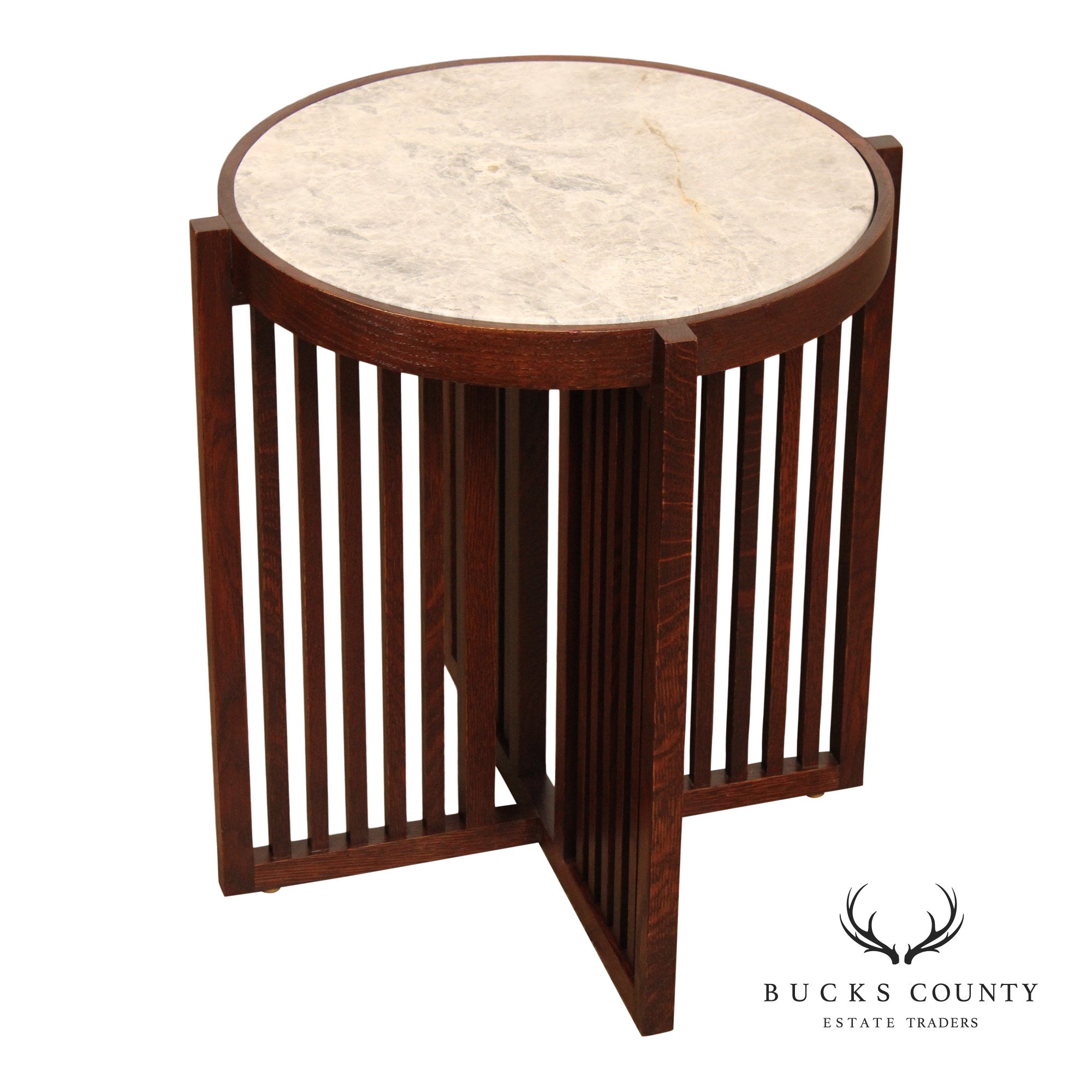 Stickley Park Slope Collection Round Marble Top Oak End Table