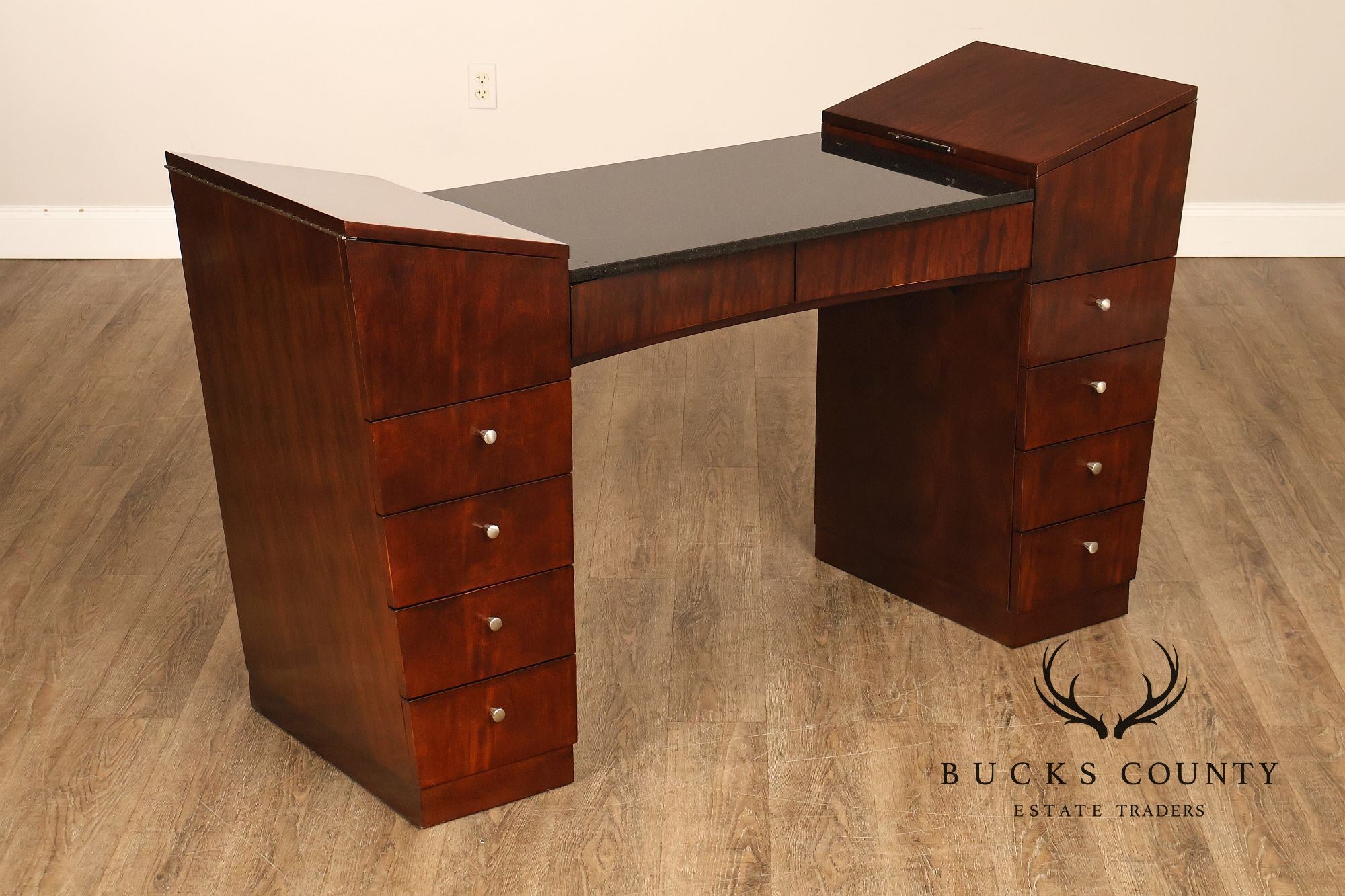 Hickory White Mahogany Art Deco Style Vanity Desk With Mirror